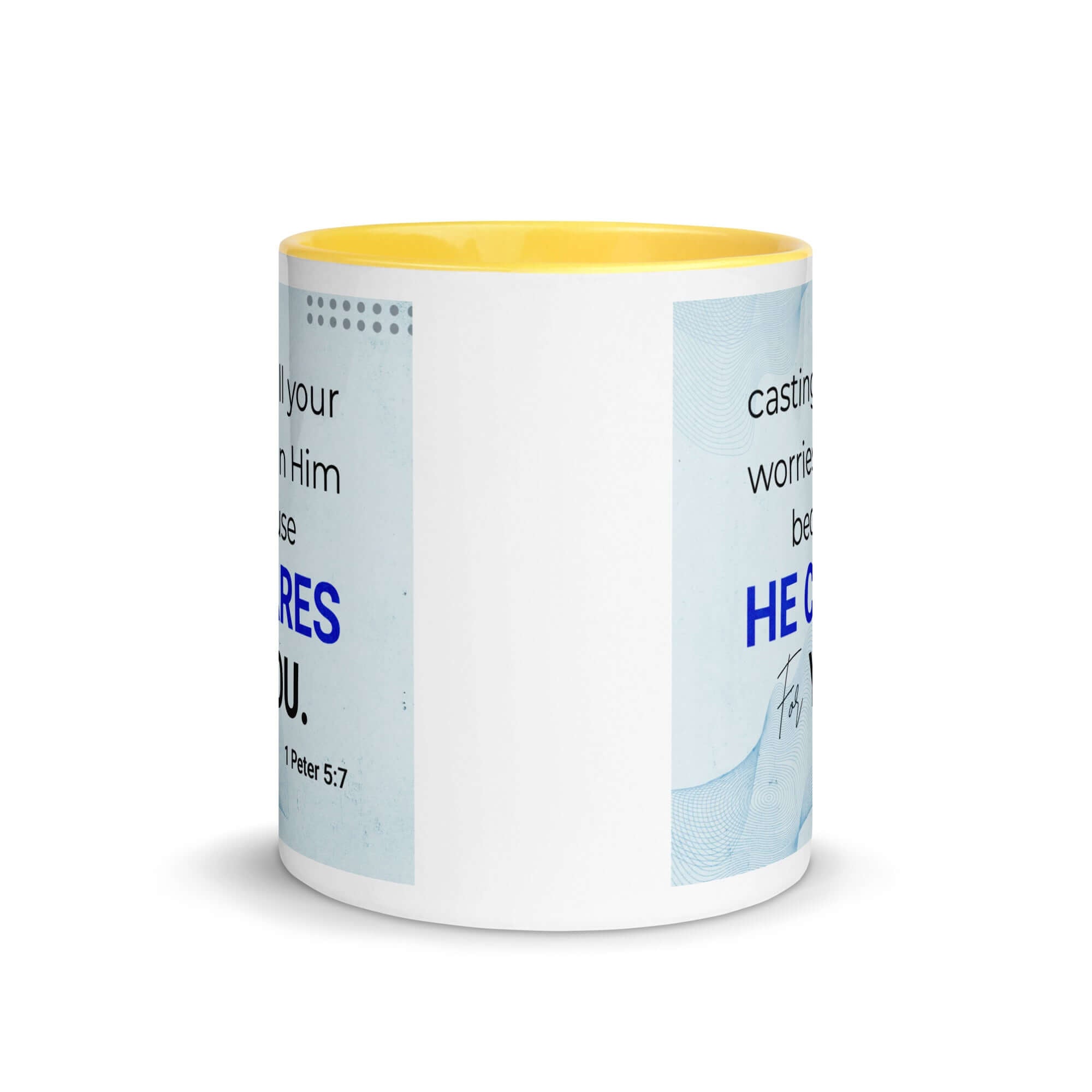 1 Peter 5:7 Bible Verse, casting all your worries on Him White Ceramic Mug with Color Inside