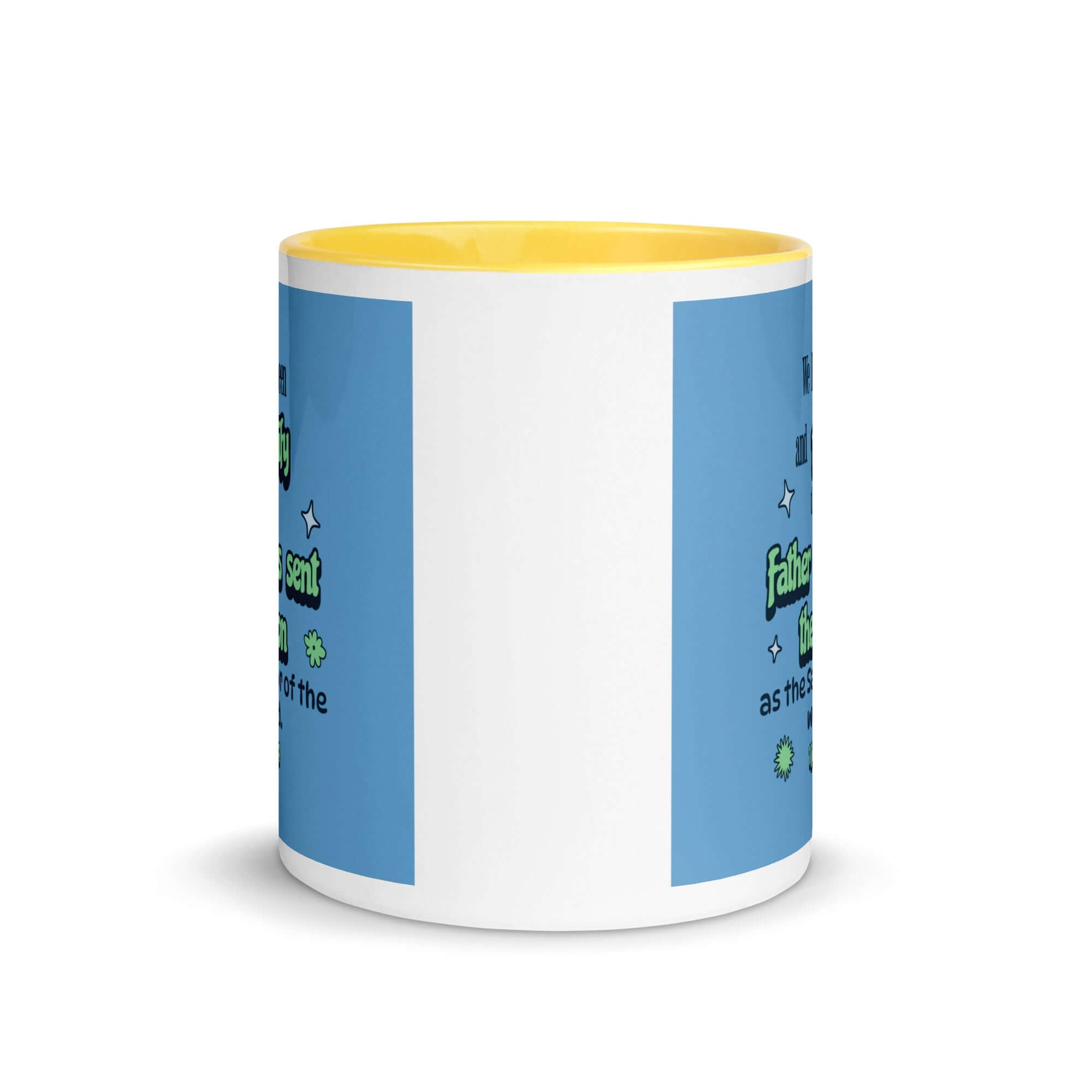 1 John 4:14 Bible Verse, sent the Son White Ceramic Mug with Color Inside