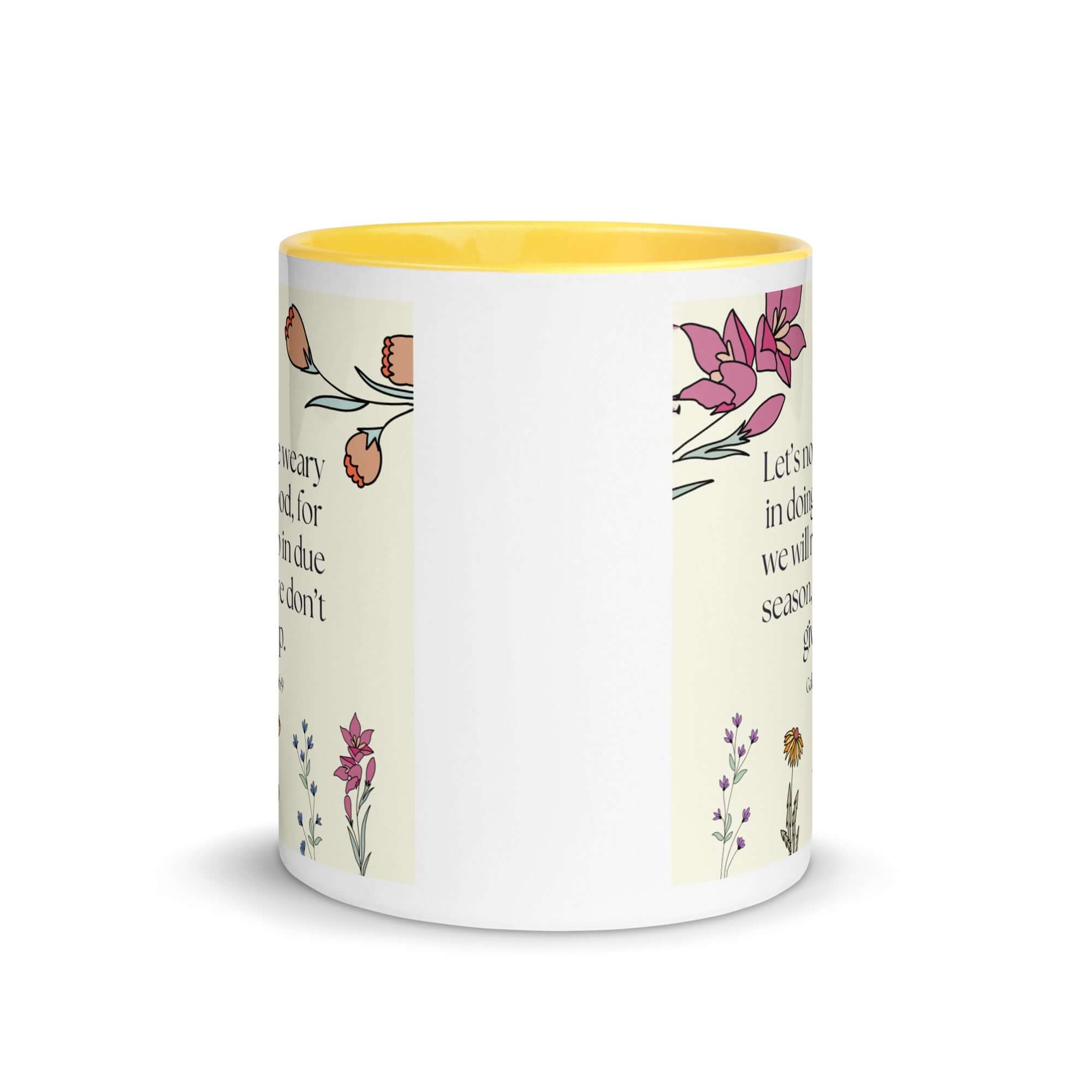 Galatians 6:9 Bible Verse, in doing good White Ceramic Mug with Color Inside