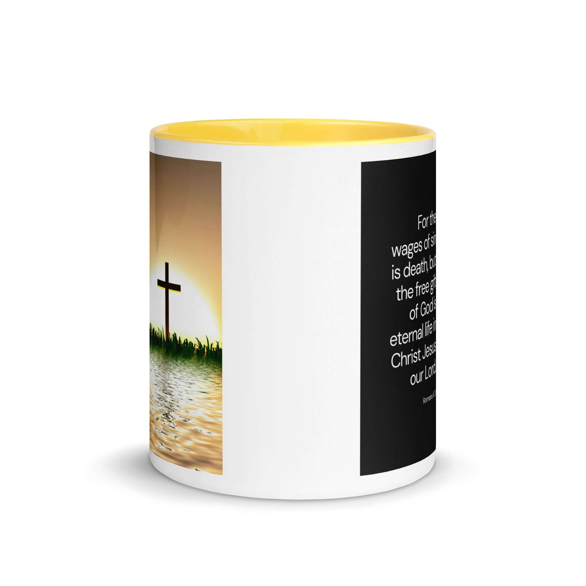 Romans 6:23 Bible Verse, the wages White Ceramic Mug with Color Inside