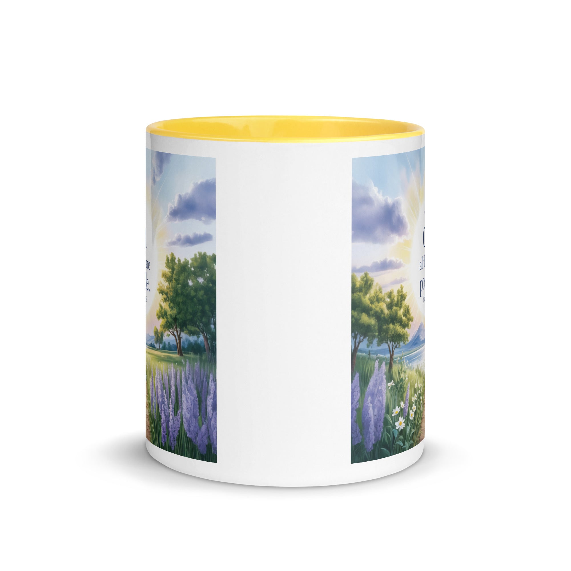 Matthew 19:26 Bible Verse Looking at White Ceramic Mug with Color Inside
