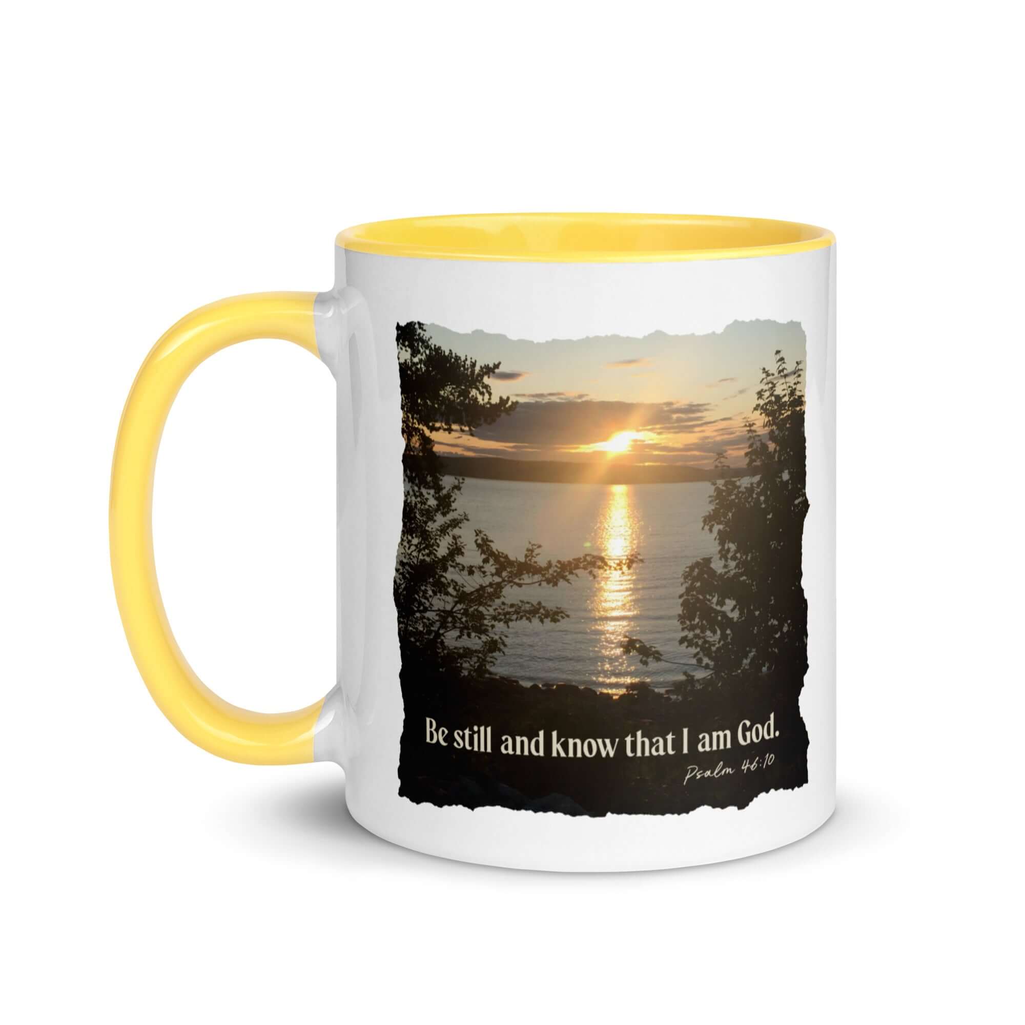 Psalm 46:10 Bible Verse, Sunset Glory White Ceramic Mug with Color Inside