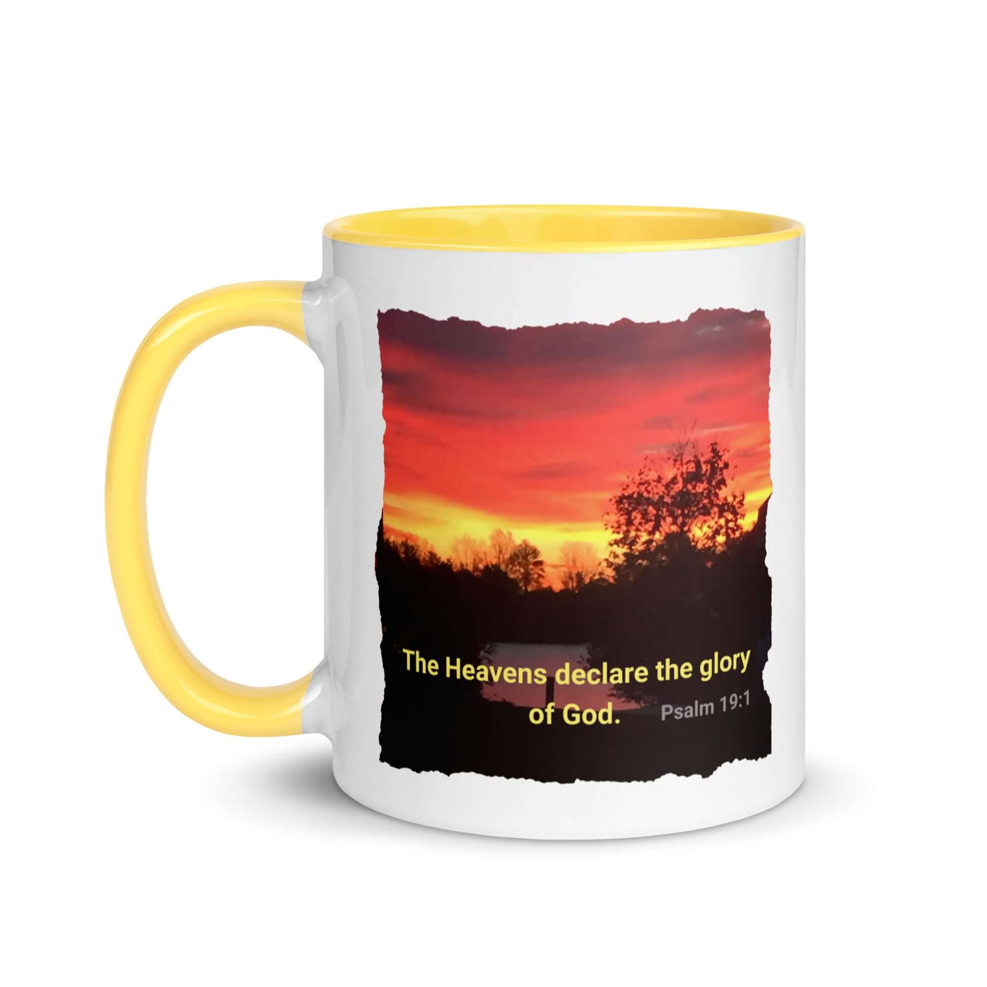 Psalm 19:1 Bible Verse, Sunset Glory White Ceramic Mug with Color Inside