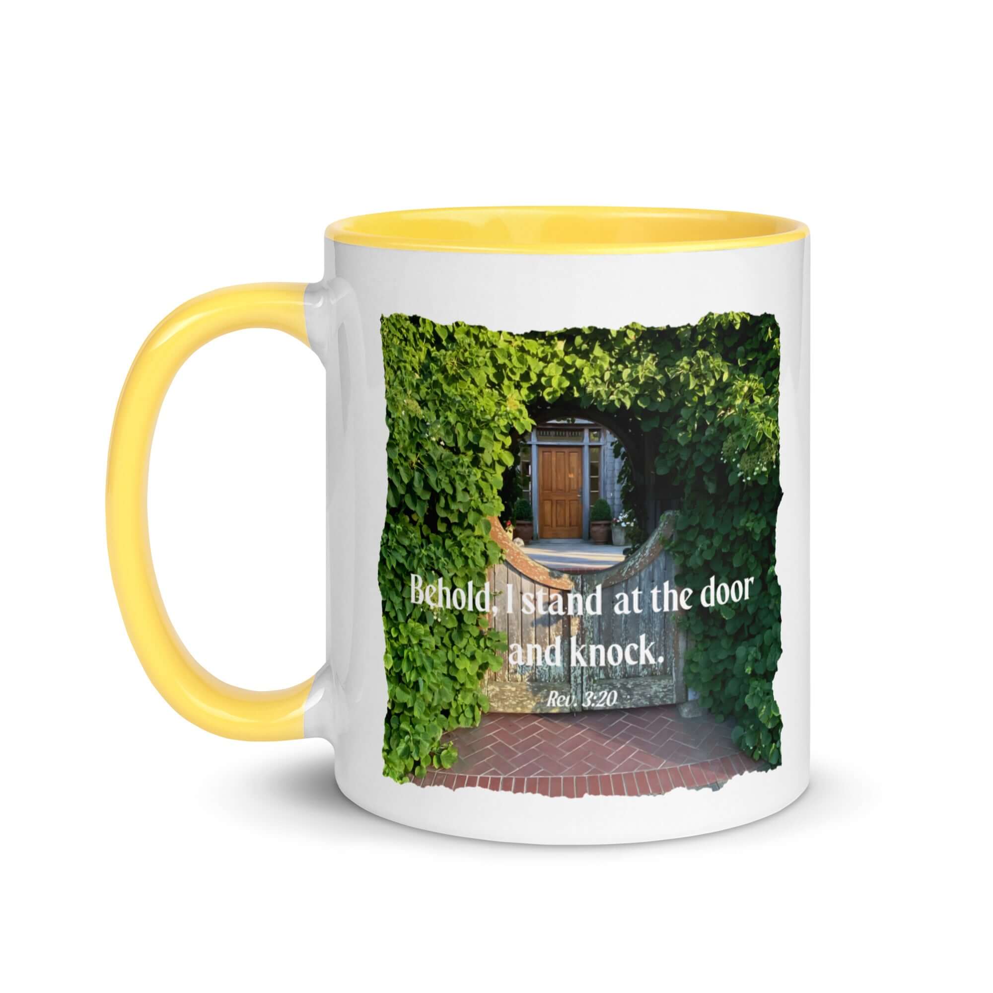 Revelation 3:20 Bible Verse, Garden Doorway White Ceramic Mug with Color Inside