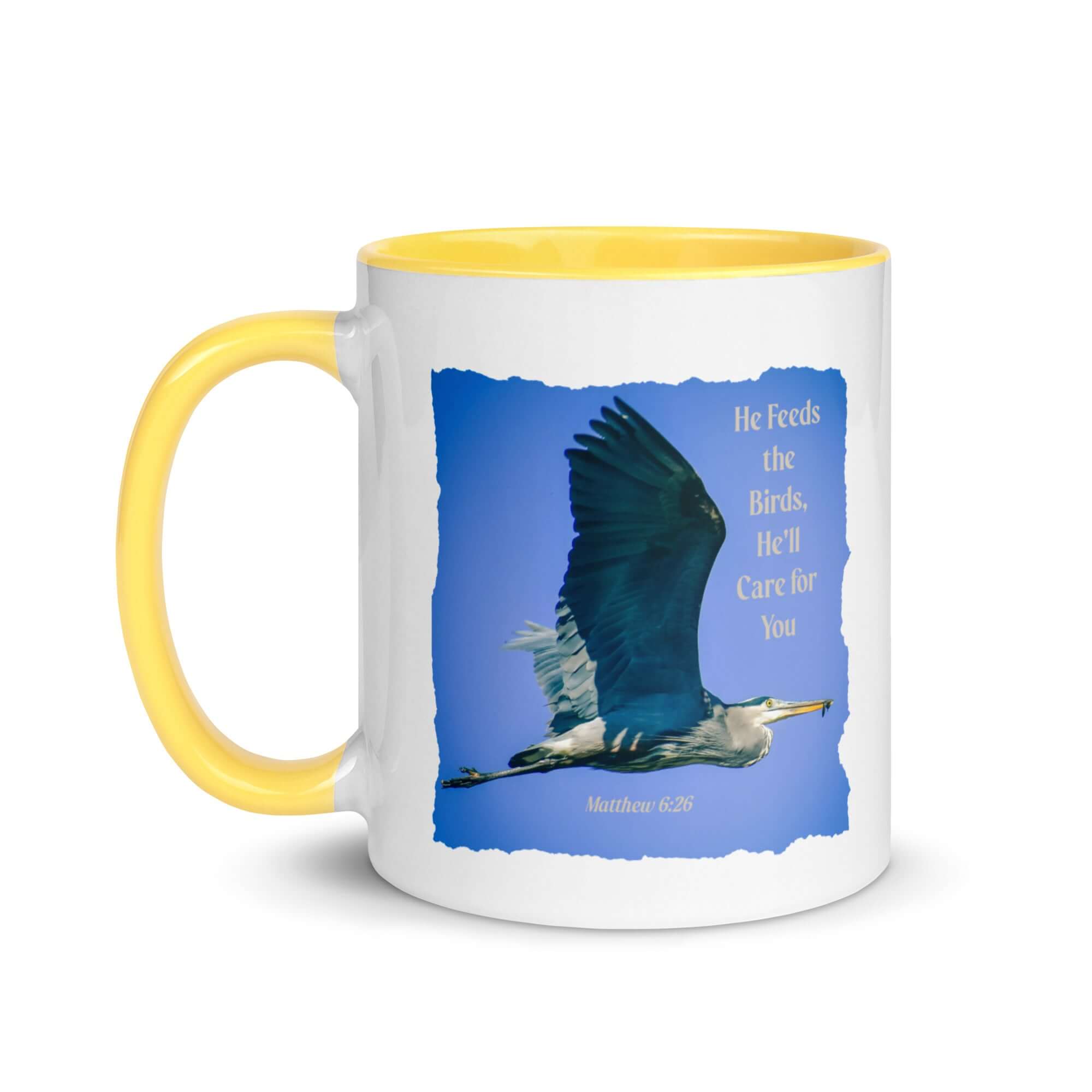 Matthew 6:26 Graceful Heron, He'll Care for You White Ceramic Mug with Color Inside