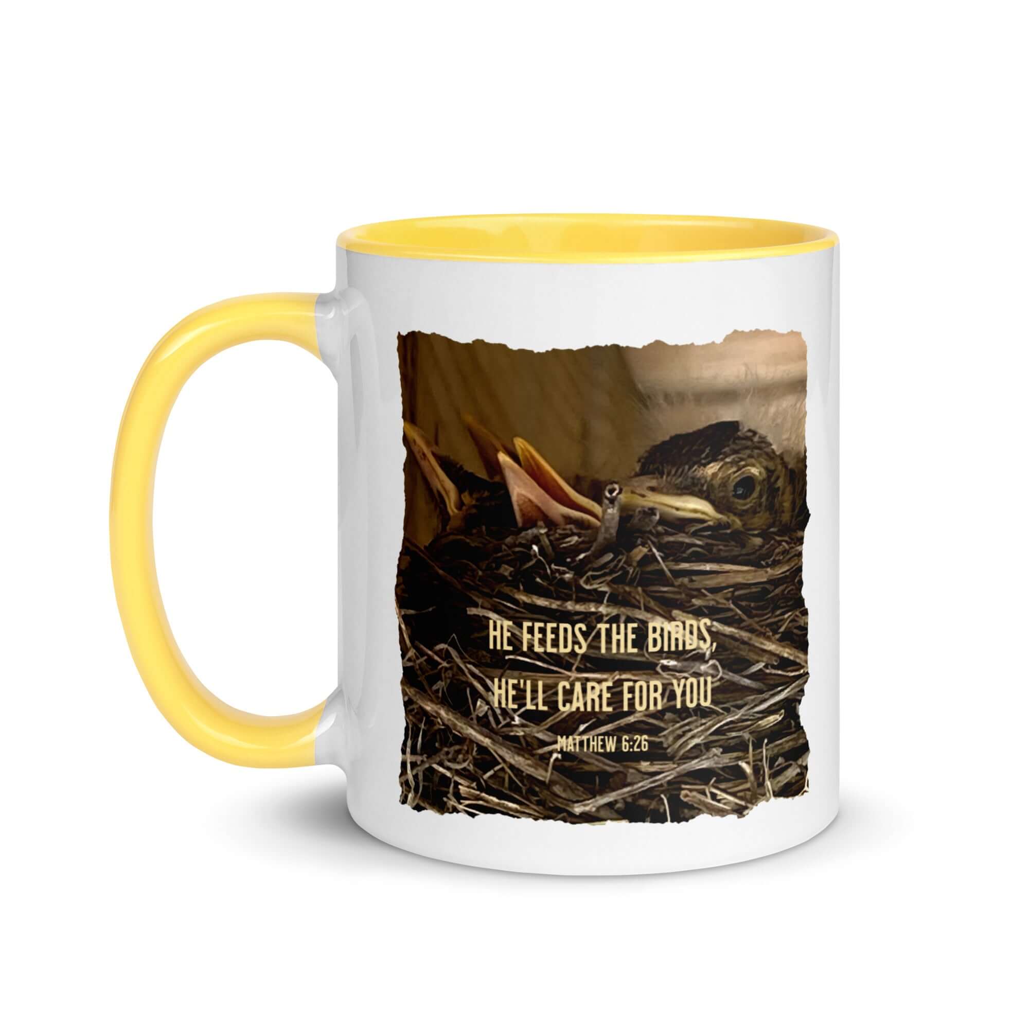 Matthew 6:26 Baby Robins, He'll Care for You White Ceramic Mug with Color Inside
