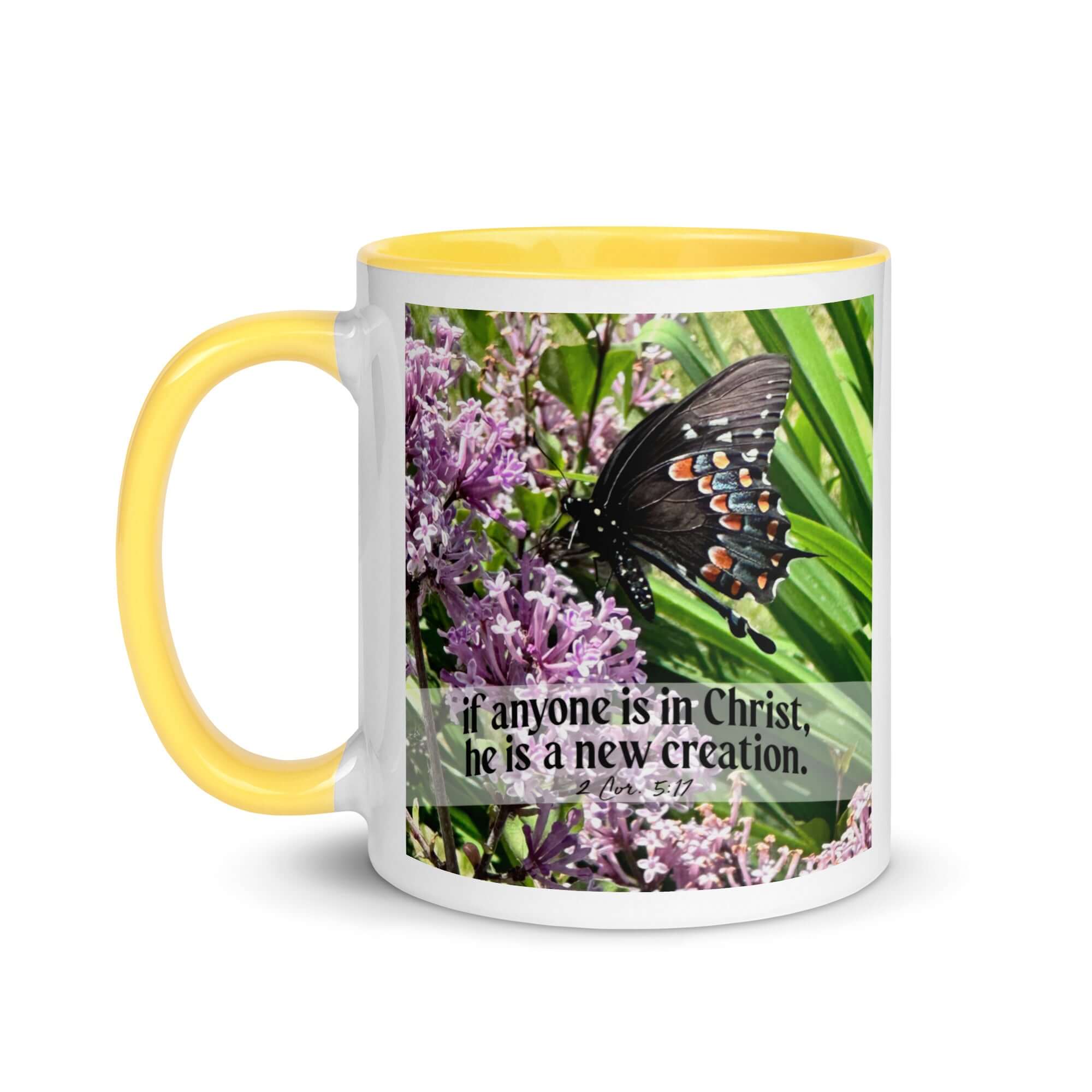 2 Corinthians 5:17 Bible Verse, Butterfly White Ceramic Mug with Color Inside
