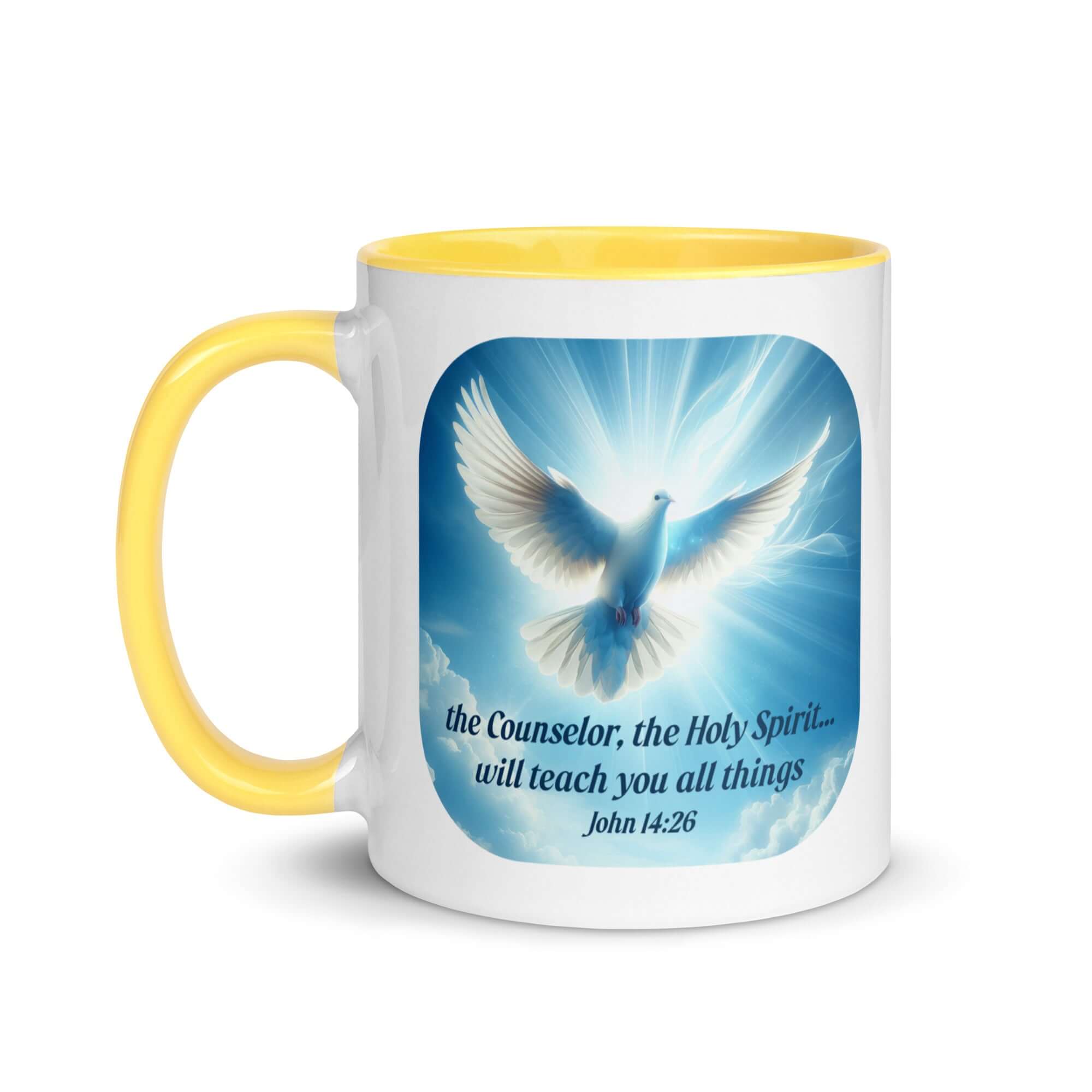 John 14:26 Bible Verse, Holy Spirit Dove White Ceramic Mug with Color Inside