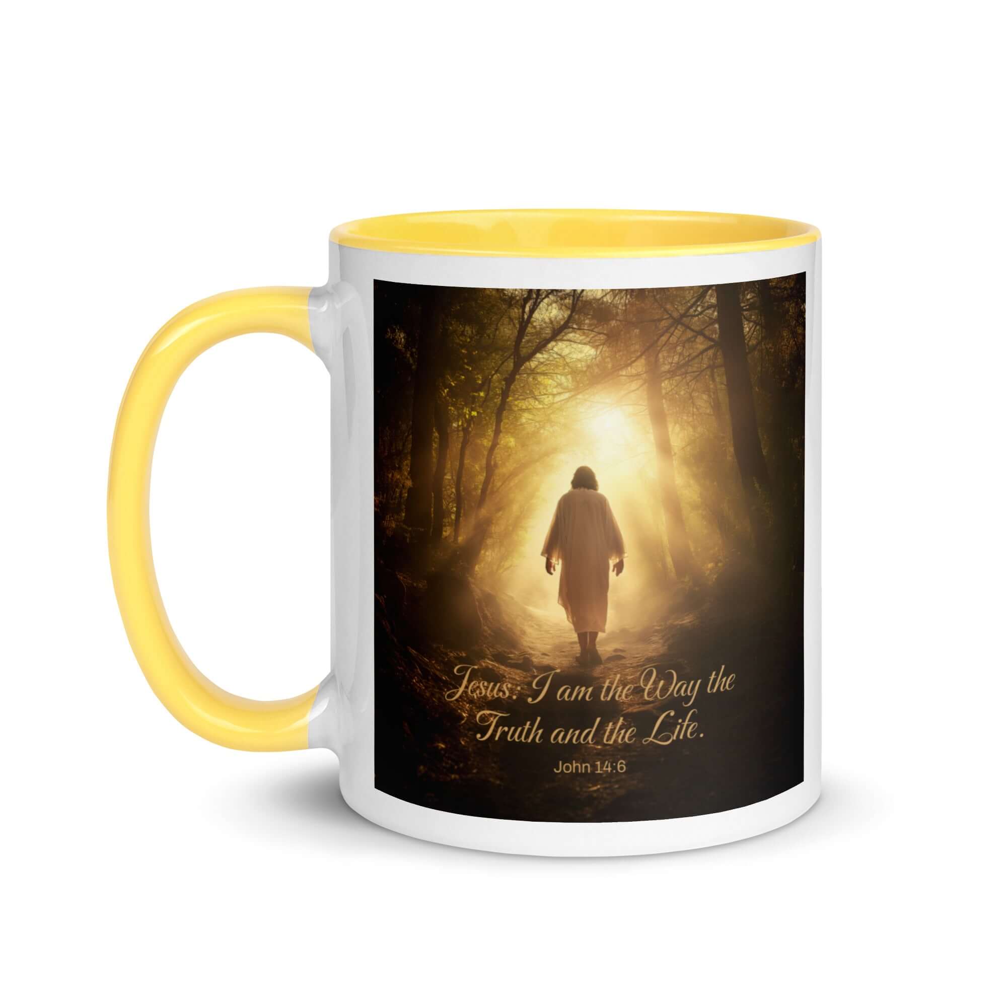 John 14:6 Bible Verse, Forest Image White Ceramic Mug with Color Inside