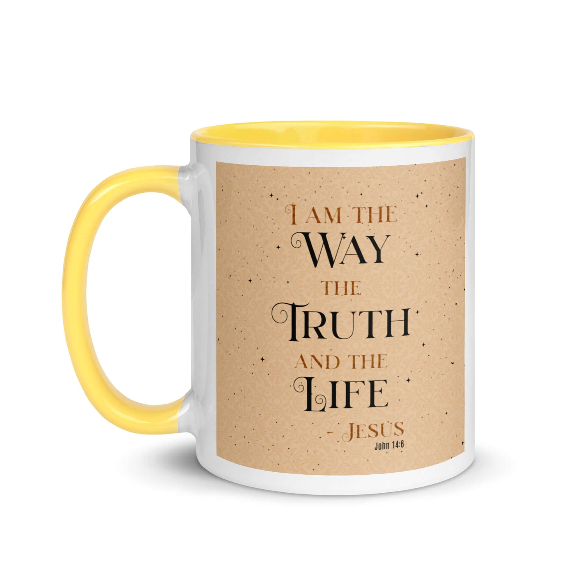 John 14:6 Bible Verse, Color Text Brown Background White Ceramic Mug with Color Inside