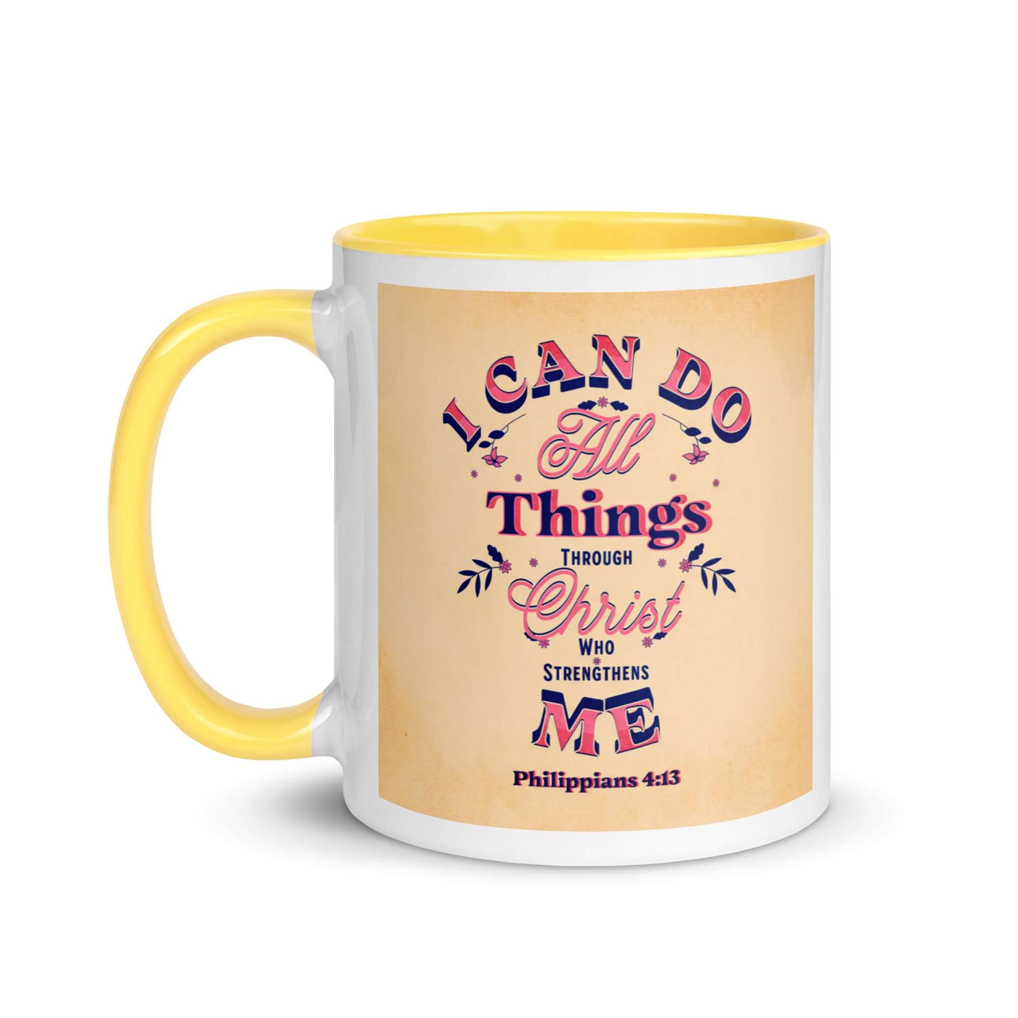 Philippians 4:13 Bible Verse, Christ Strengthens Me White Ceramic Mug with Color Inside