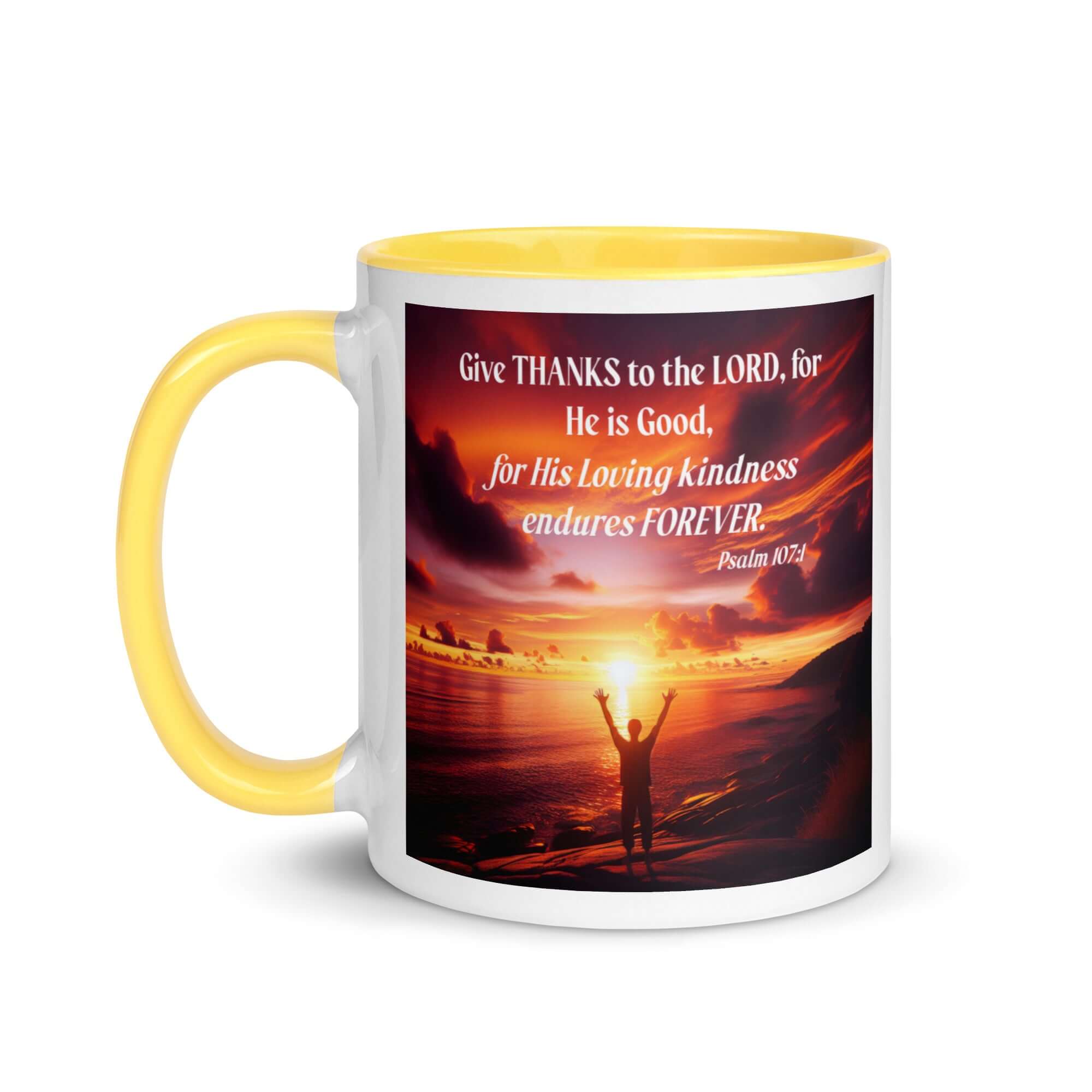 Psalm 107:1 Bible Verse, Give Thanks to the Lord White Ceramic Mug with Color Inside