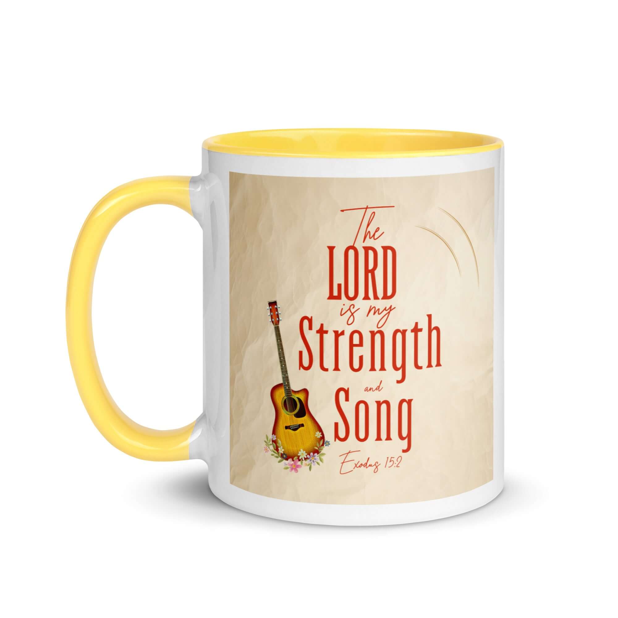 Exodus 15:2 Bible Verse, The LORD is my strength White Ceramic Mug with Color Inside