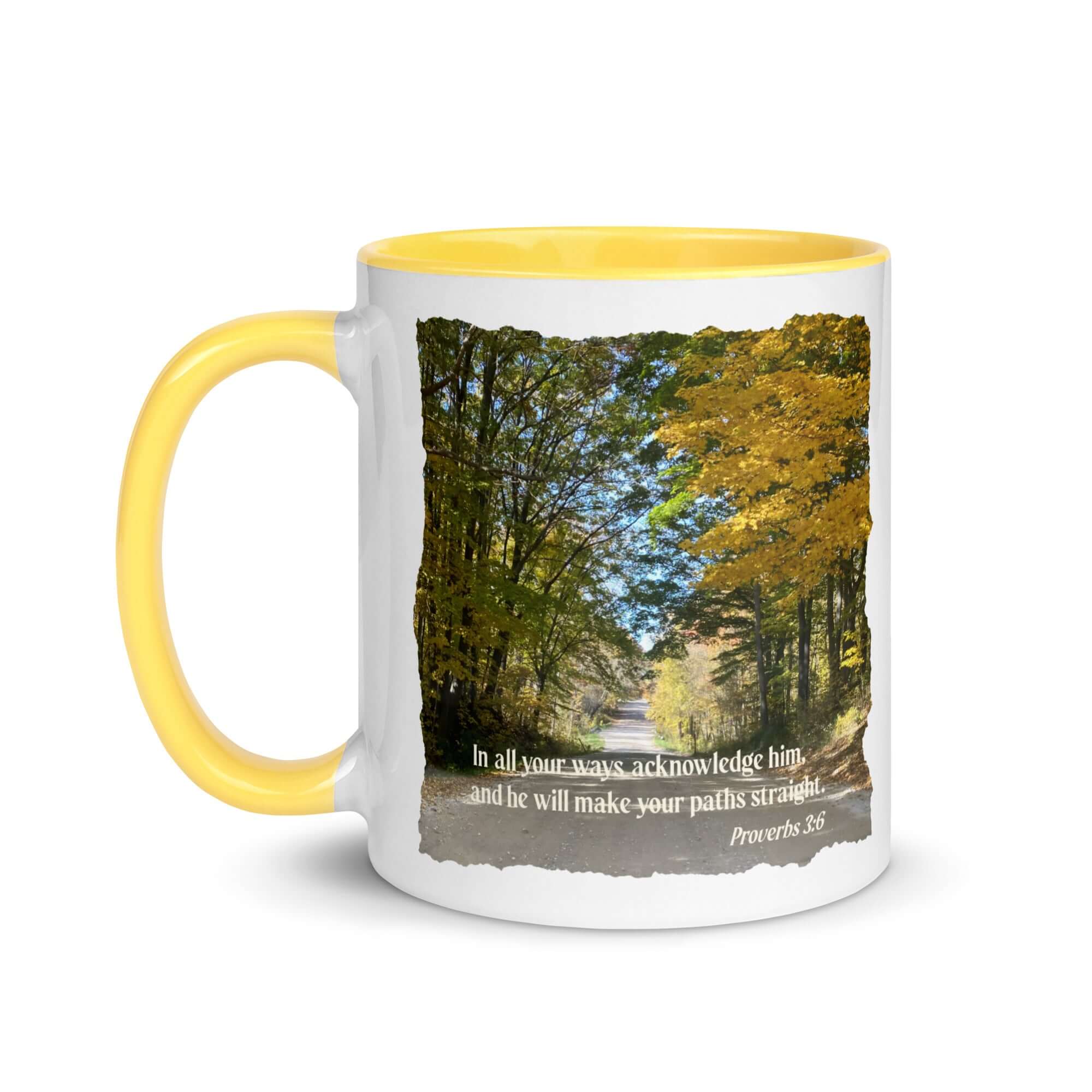 Proverbs 3:6 Bible Verse, Fall Road White Ceramic Mug with Color Inside