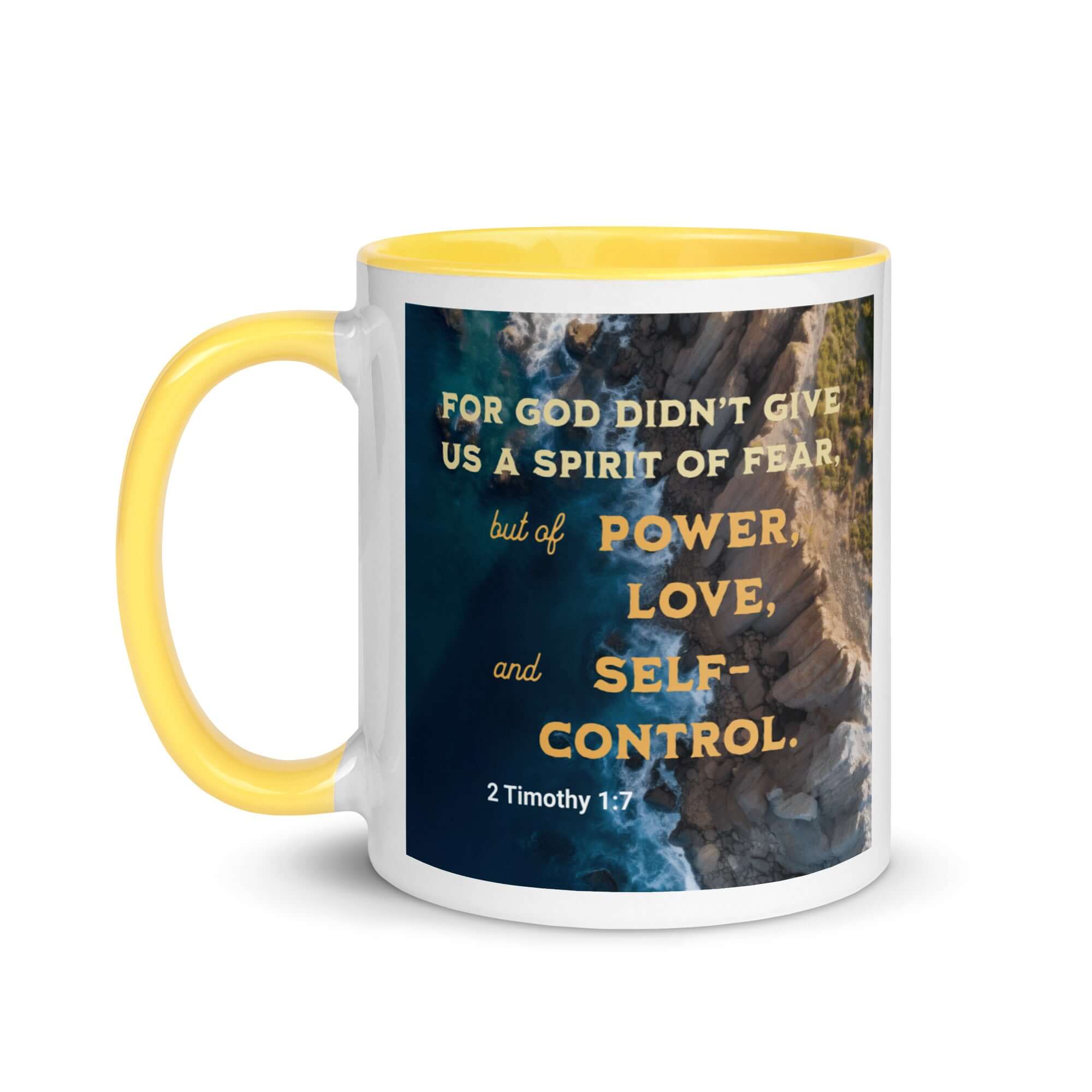 2 Timothy 1:7 Bible Verse, Power, Love, Self-Control White Ceramic Mug with Color Inside