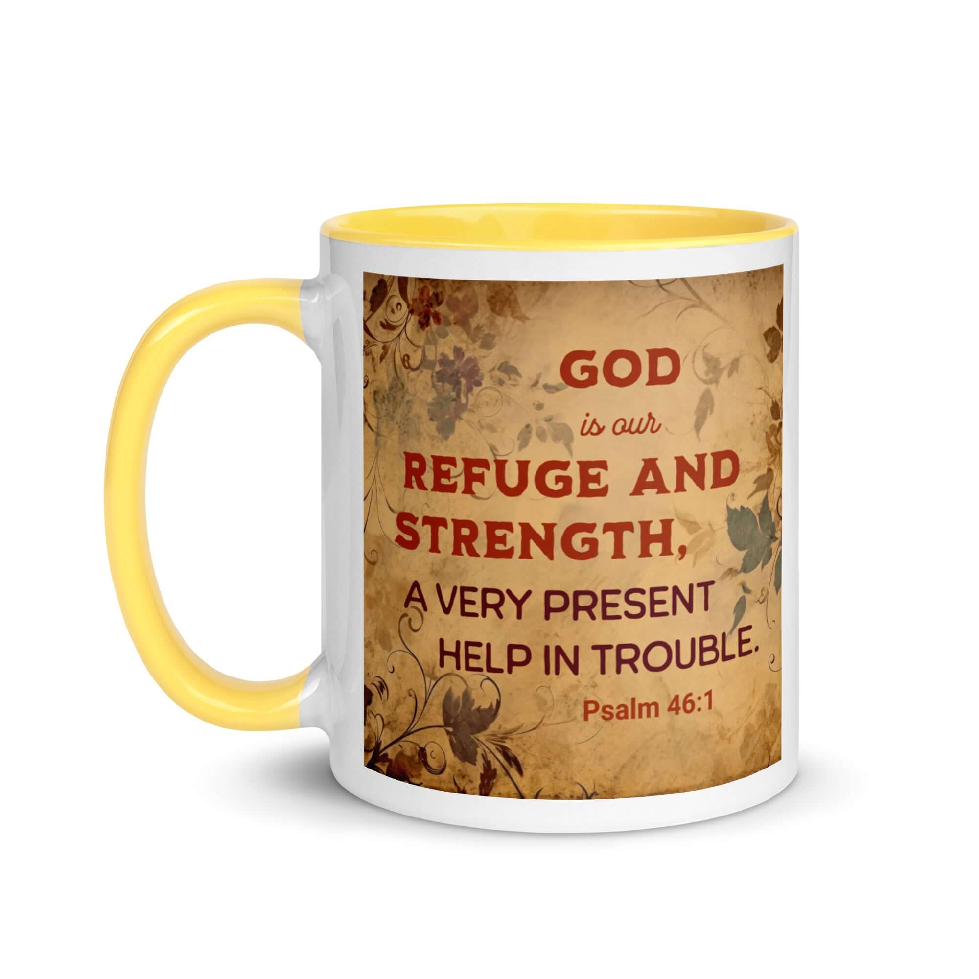 Psalm 46:1 Bible Verse, God is Our Refuge White Ceramic Mug with Color Inside