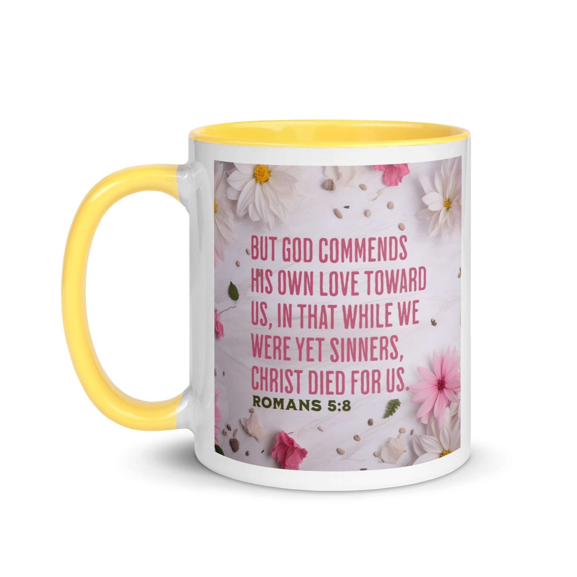 Romans 5:8 Bible Verse, Christ Died for Us White Ceramic Mug with Color Inside