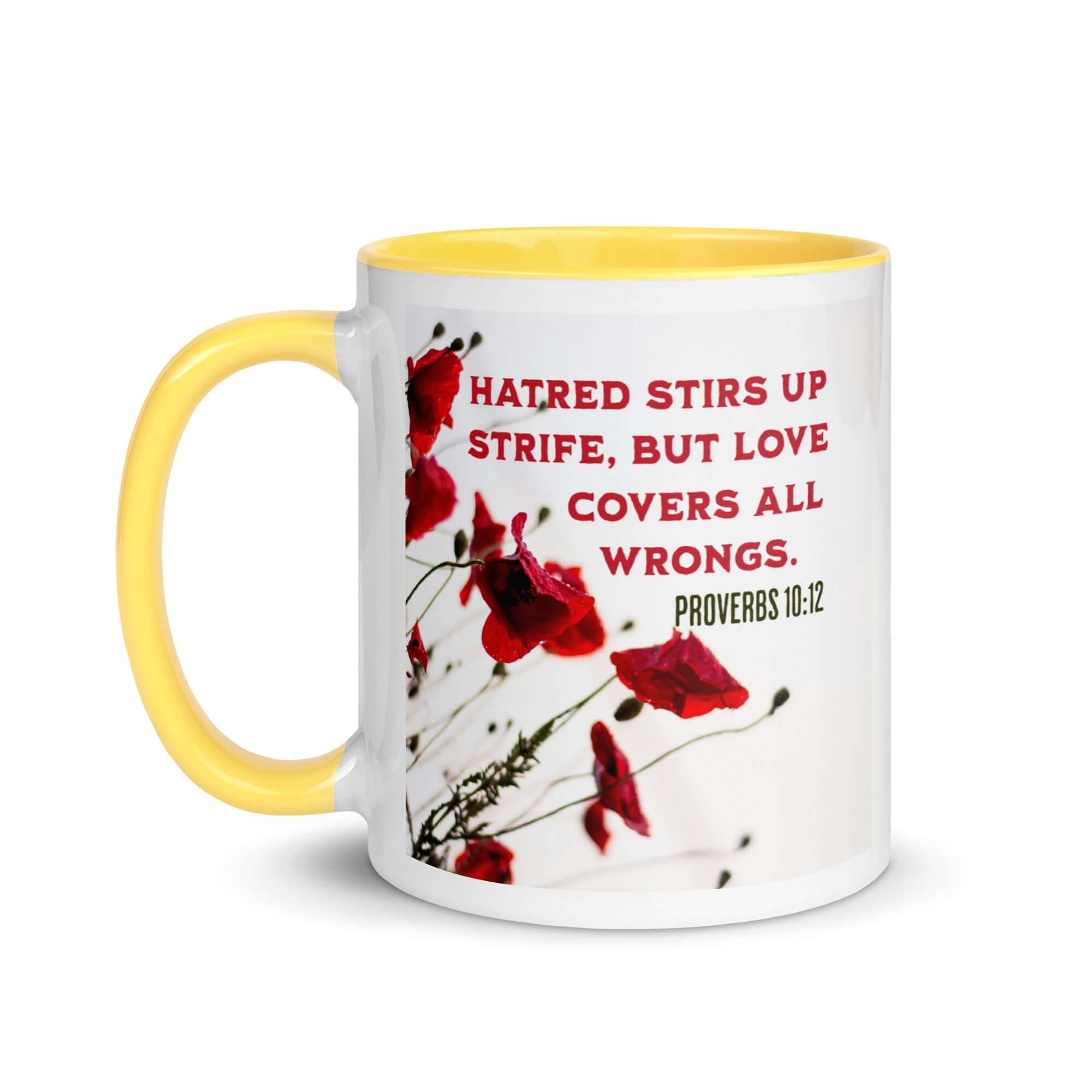 Proverbs 10:12 Bible Verse, Love Covers All White Ceramic Mug with Color Inside