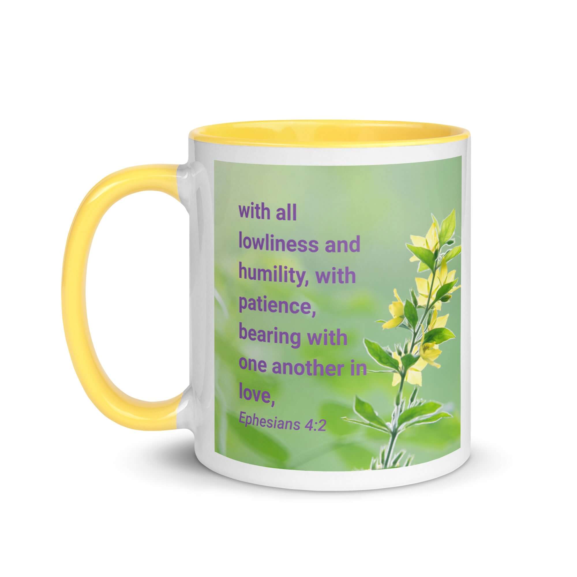 Ephesians 4:2 Bible Verse, one another in love White Ceramic Mug with Color Inside