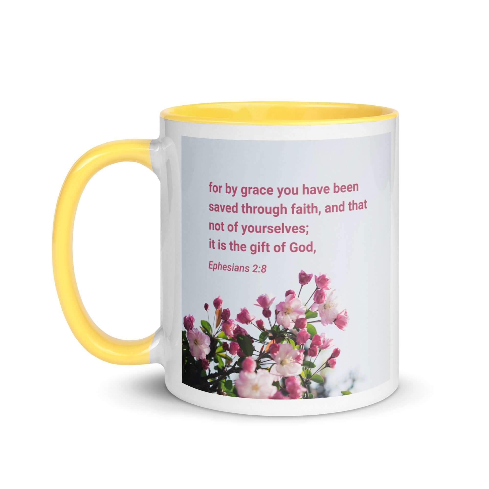 Ephesians 2:8 Bible Verse, saved through faith White Ceramic Mug with Color Inside