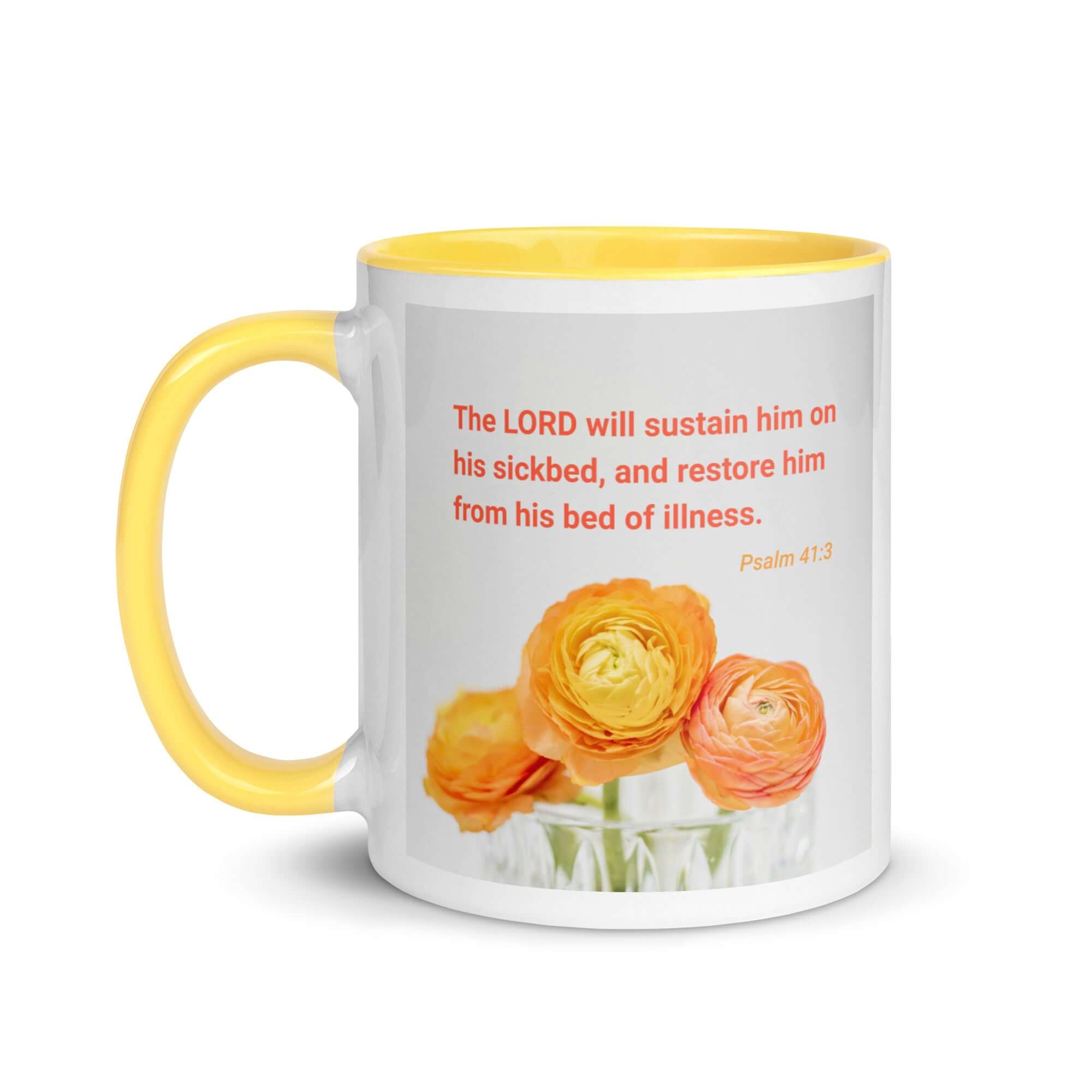 Psalm 41:3 Bible Verse, LORD will sustain White Ceramic Mug with Color Inside