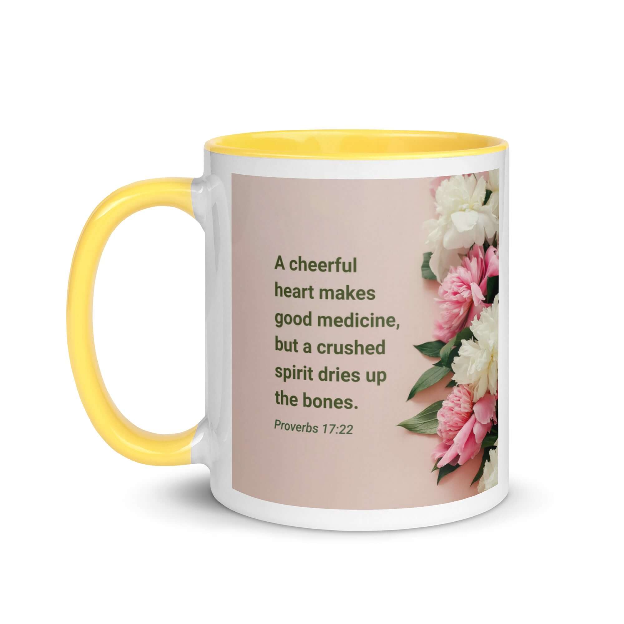 Proverbs 17:22 Bible Verse, good medicine White Ceramic Mug with Color Inside