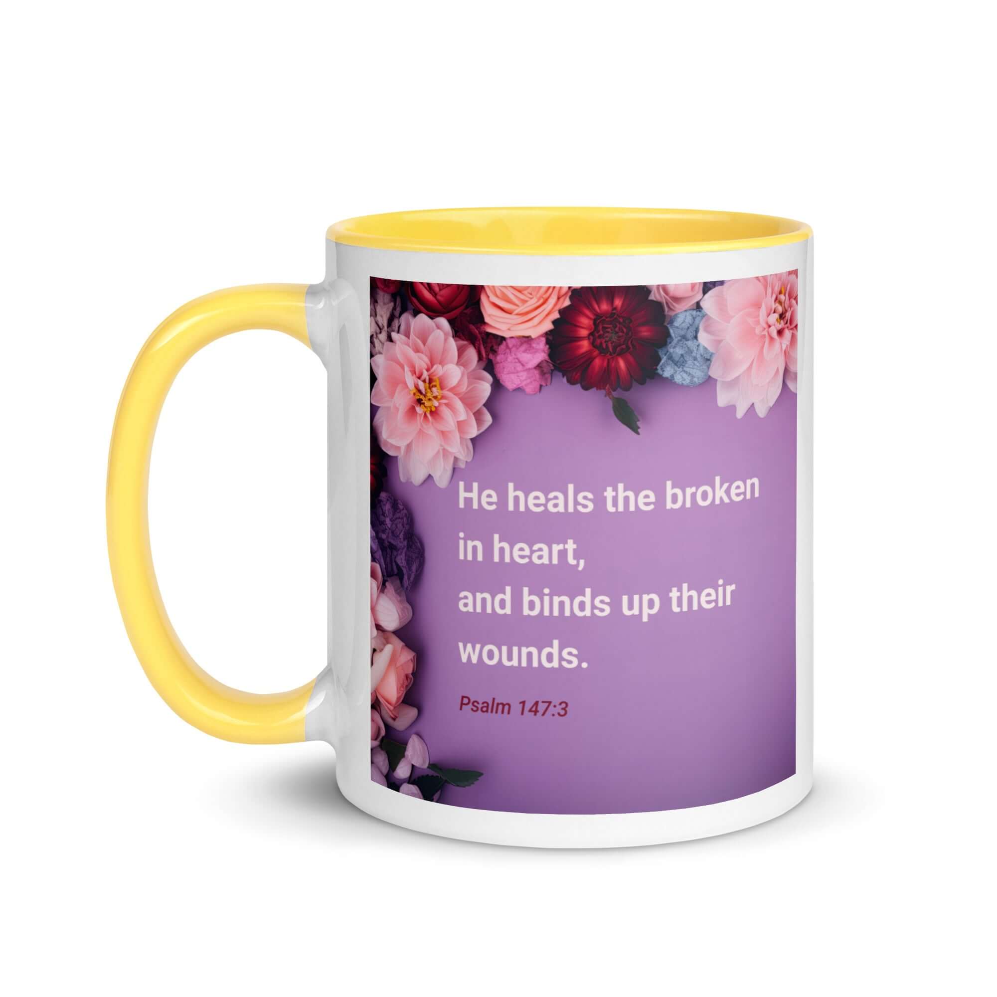 Psalm 147:3 Bible Verse, He heals the broken White Ceramic Mug with Color Inside
