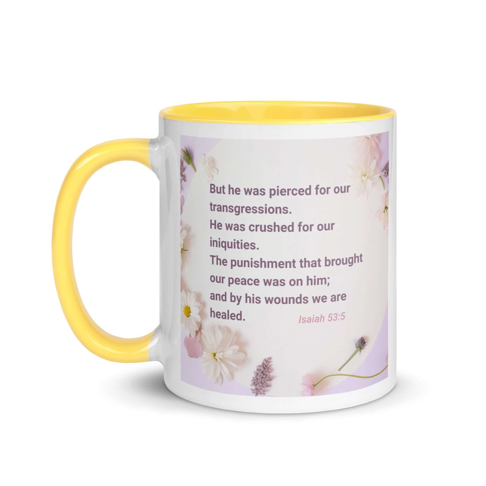 Isaiah 53:5 Bible Verse, by his wounds White Ceramic Mug with Color Inside