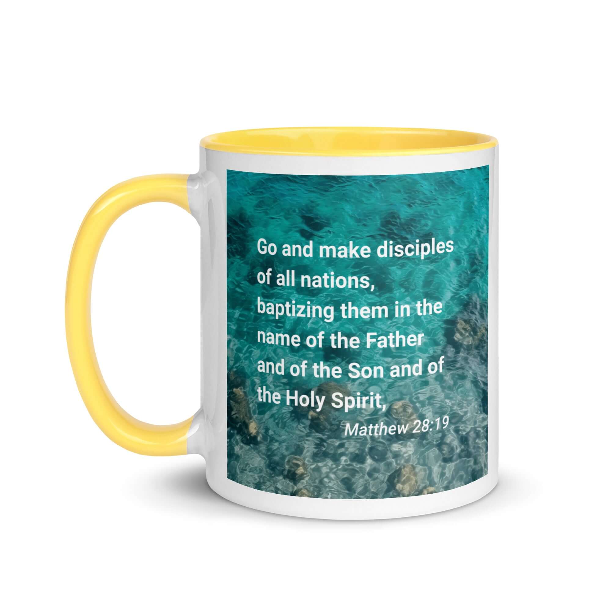 Matthew 28:19 Bible Verse, Make Disciples White Ceramic Mug with Color Inside