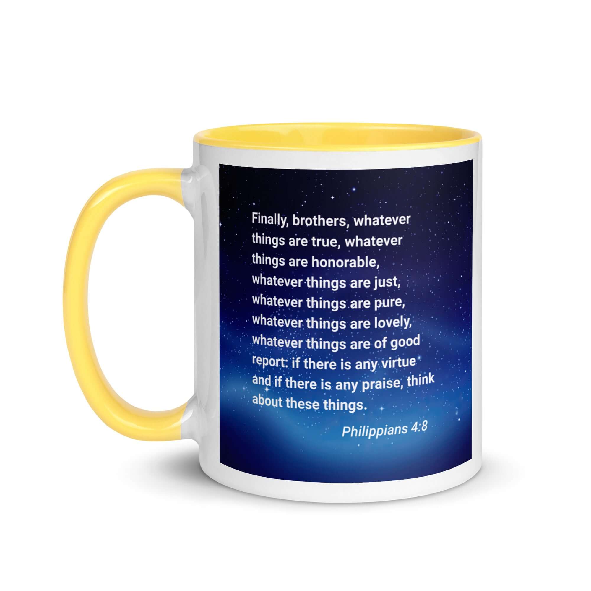 Philippians 4:8 Bible Verse, Think these things White Ceramic Mug with Color Inside
