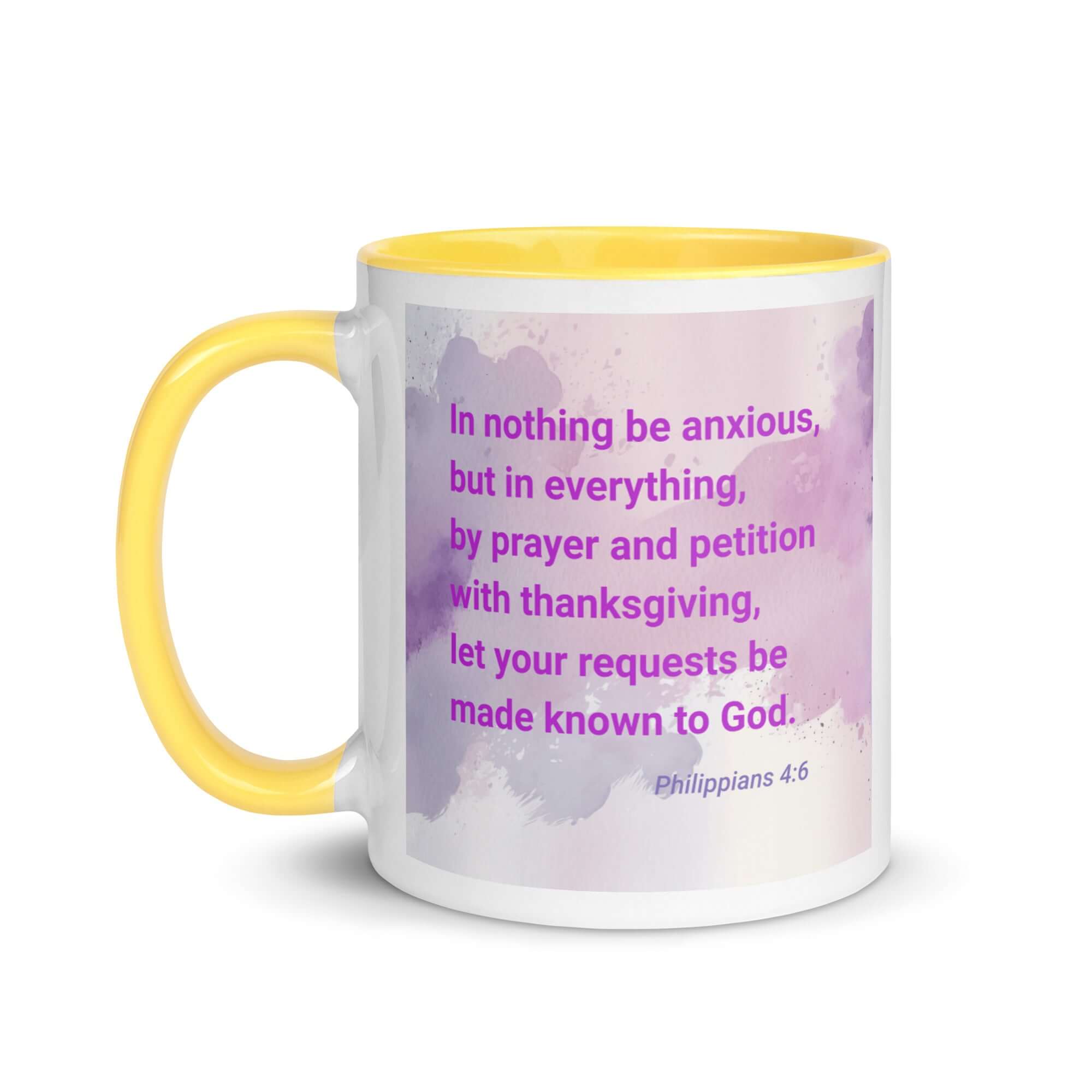 Philippians 4:6 Bible Verse, Prayer and Petition White Ceramic Mug with Color Inside