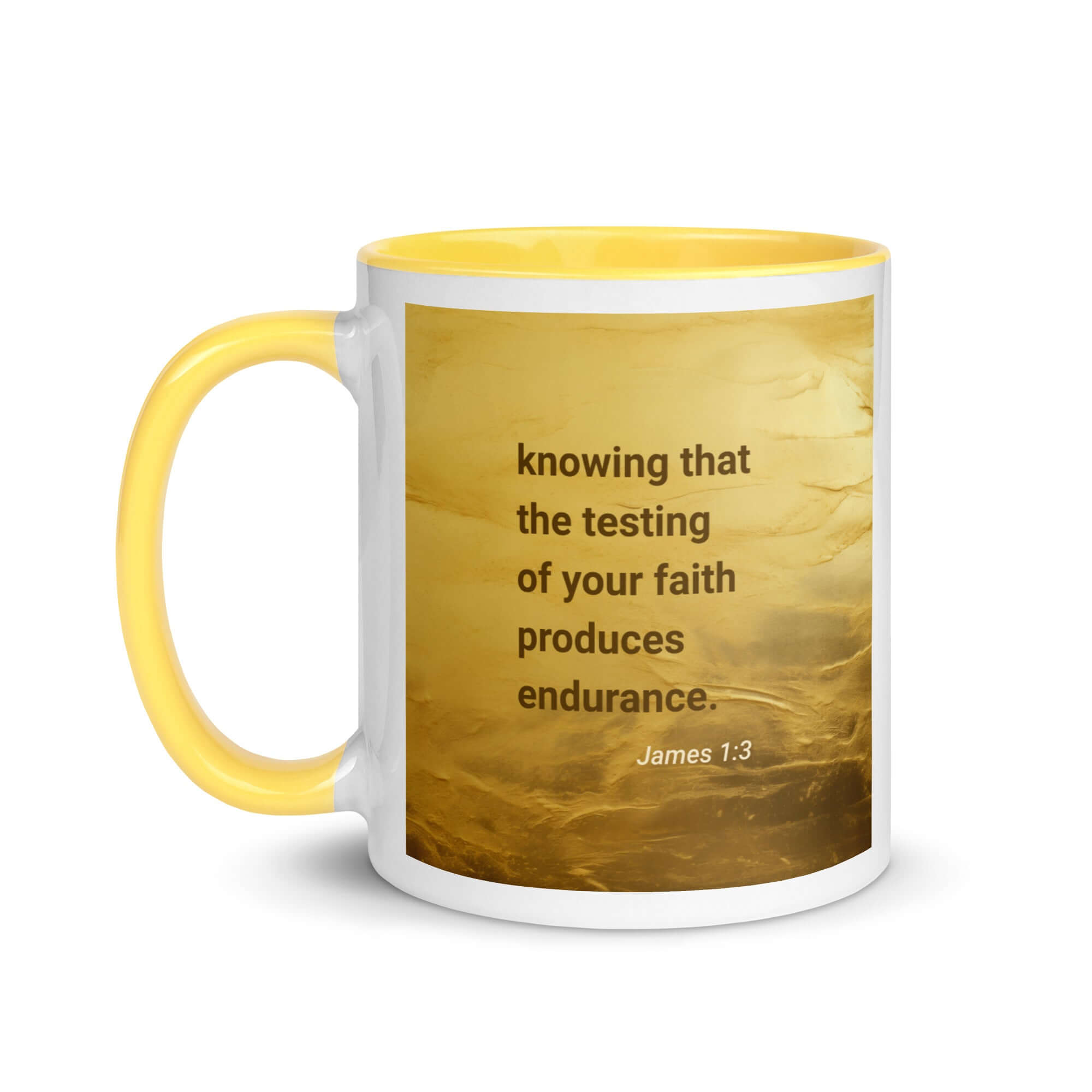 James 1:3 Bible Verse, testing of your faith White Ceramic Mug with Color Inside