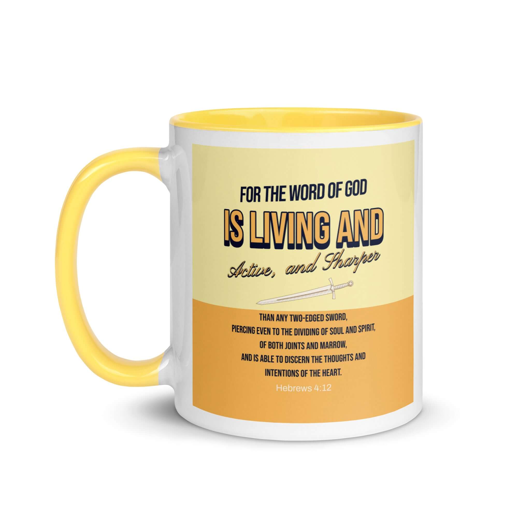 Hebrews 4:12 Bible Verse, living and active White Ceramic Mug with Color Inside