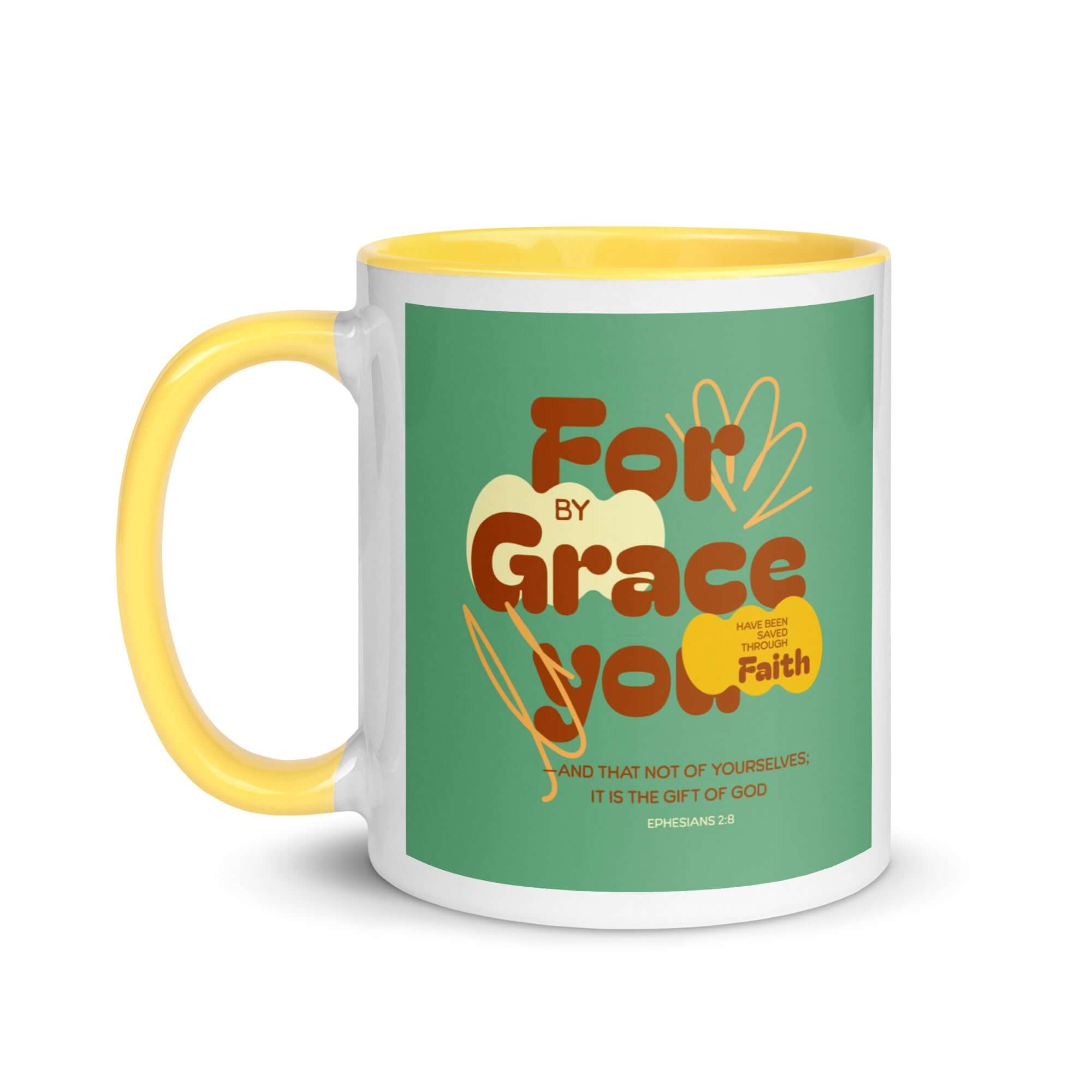 Ephesians 2:8 Bible Verse, for by grace White Ceramic Mug with Color Inside