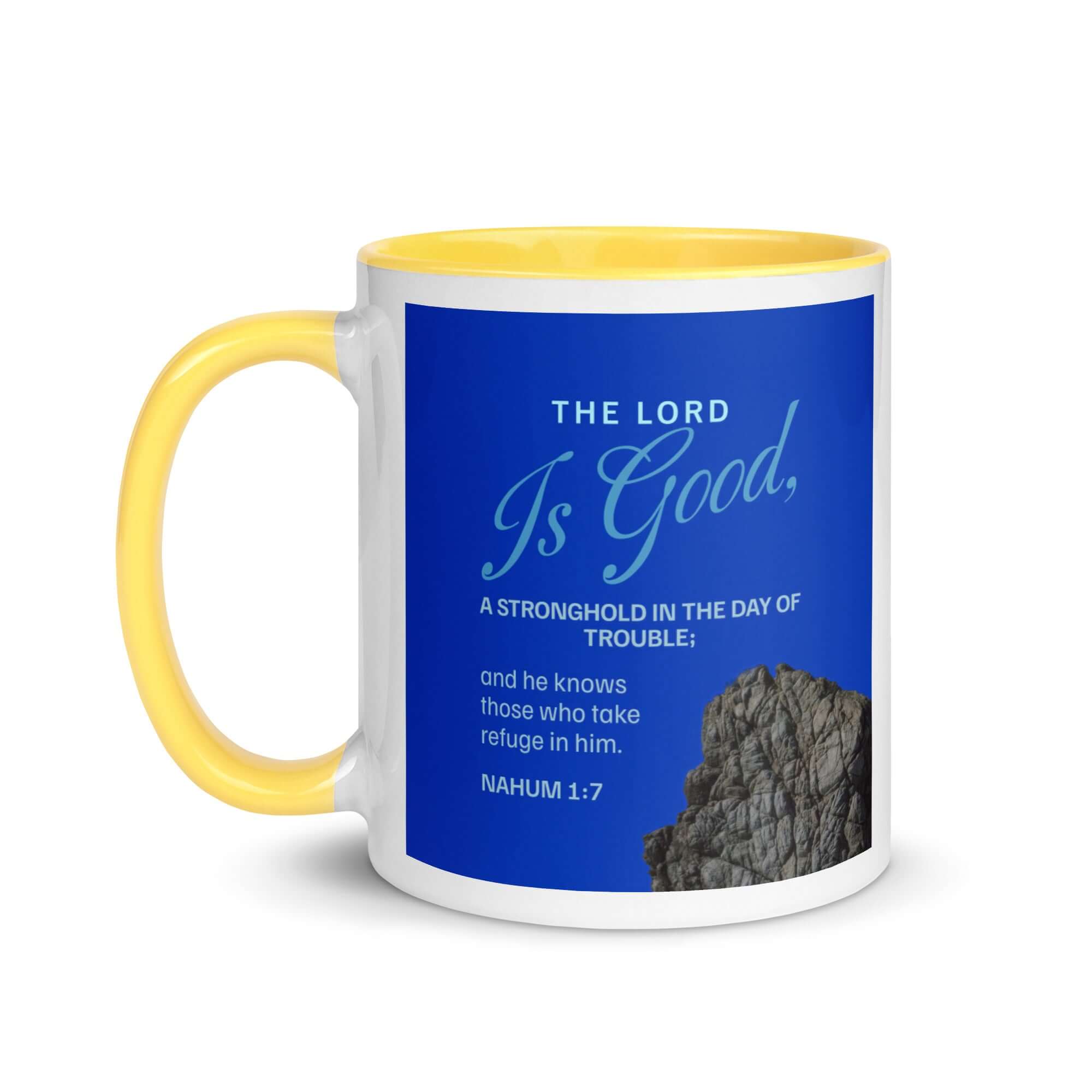 Nahum 1:7 Bible Verse, The LORD is a stronghold White Ceramic Mug with Color Inside