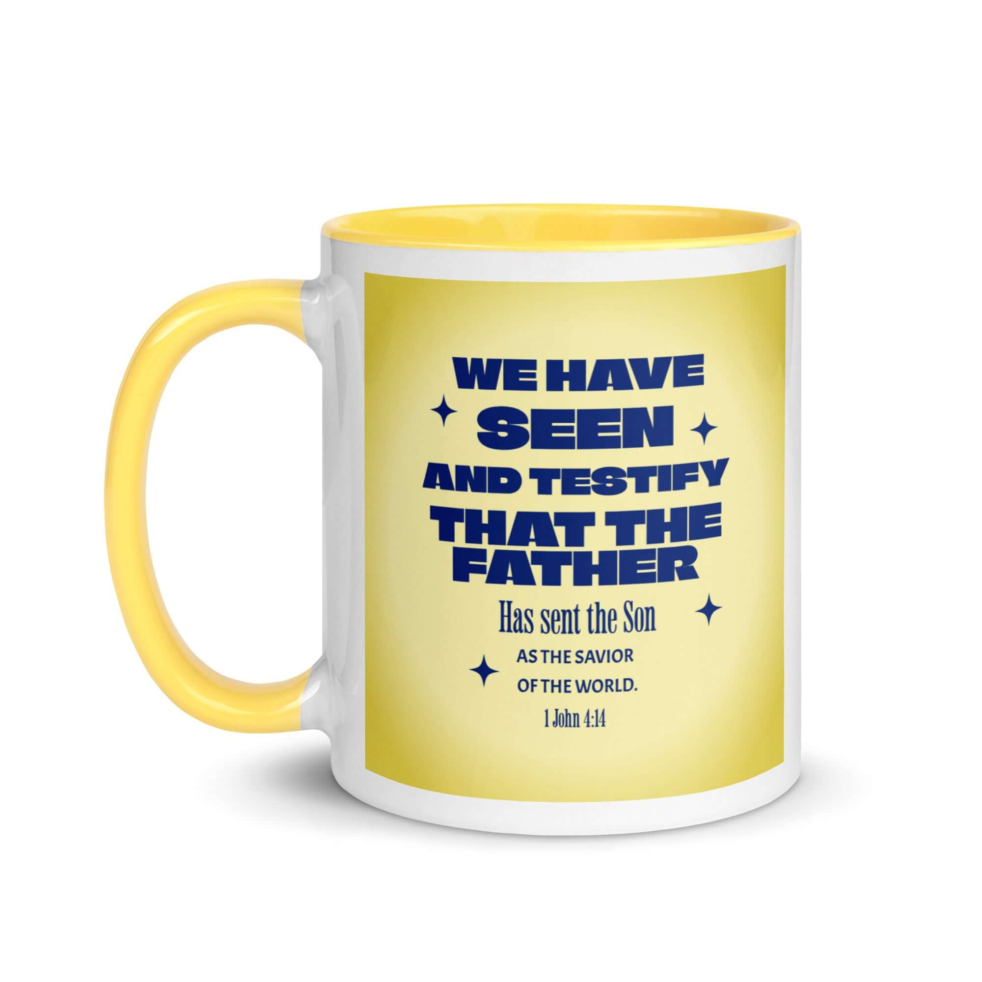 1 John 4:14 Bible Verse, Savior of the world White Ceramic Mug with Color Inside