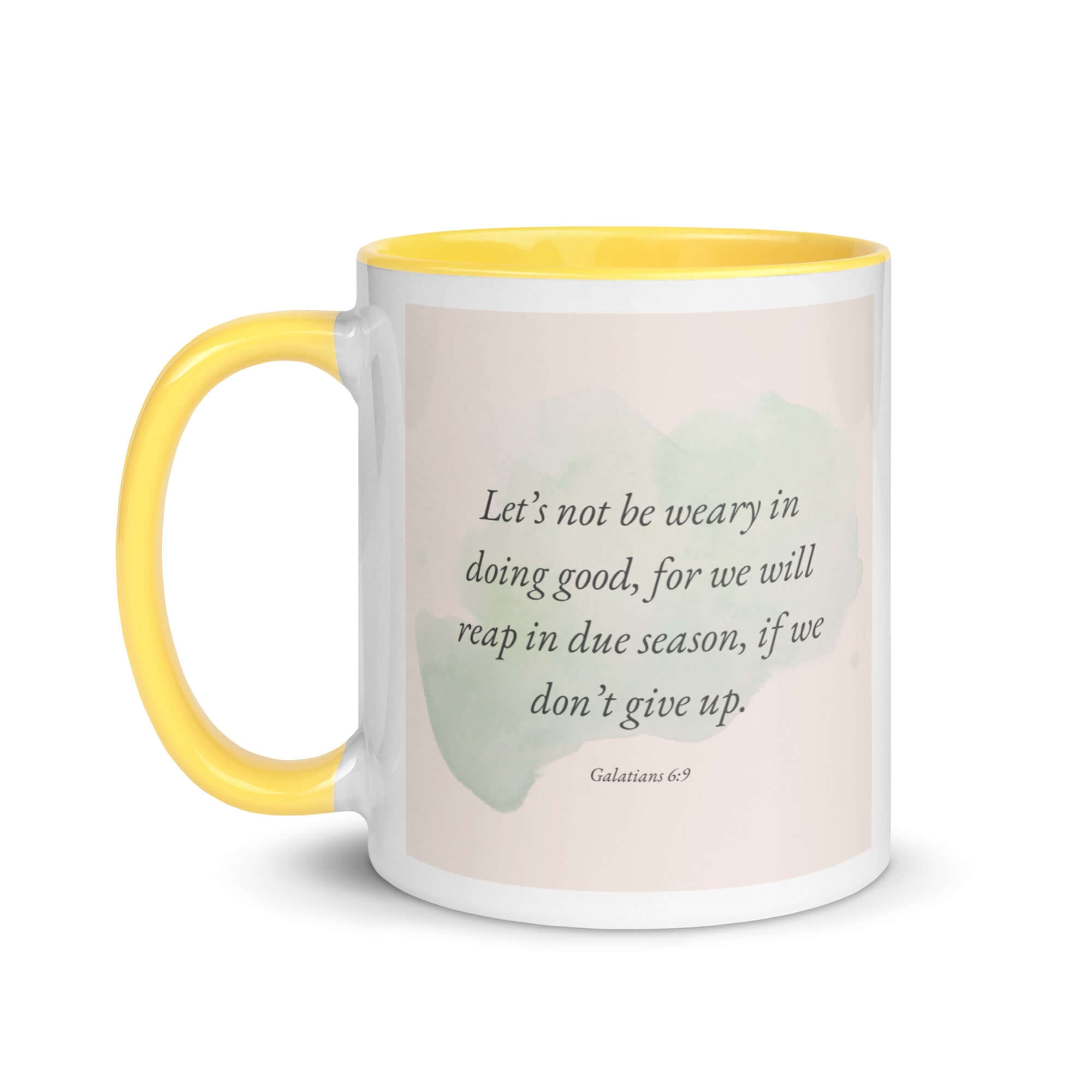 Galatians 6:9 Bible Verse, not be weary White Ceramic Mug with Color Inside