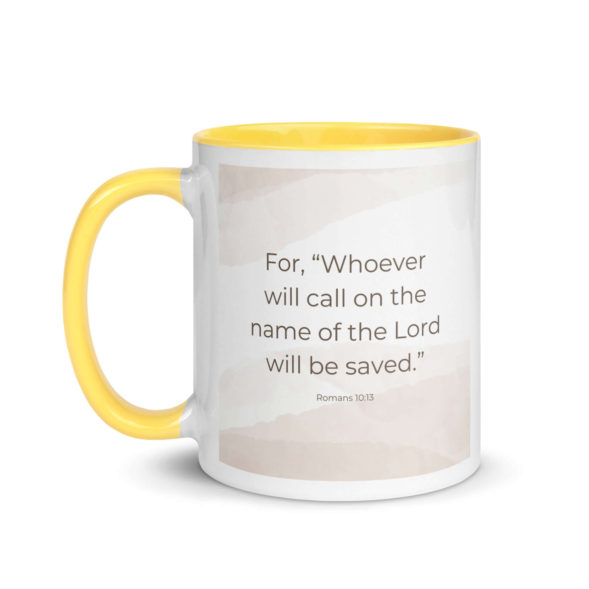 Romans 10:13 Bible Verse, the name White Ceramic Mug with Color Inside