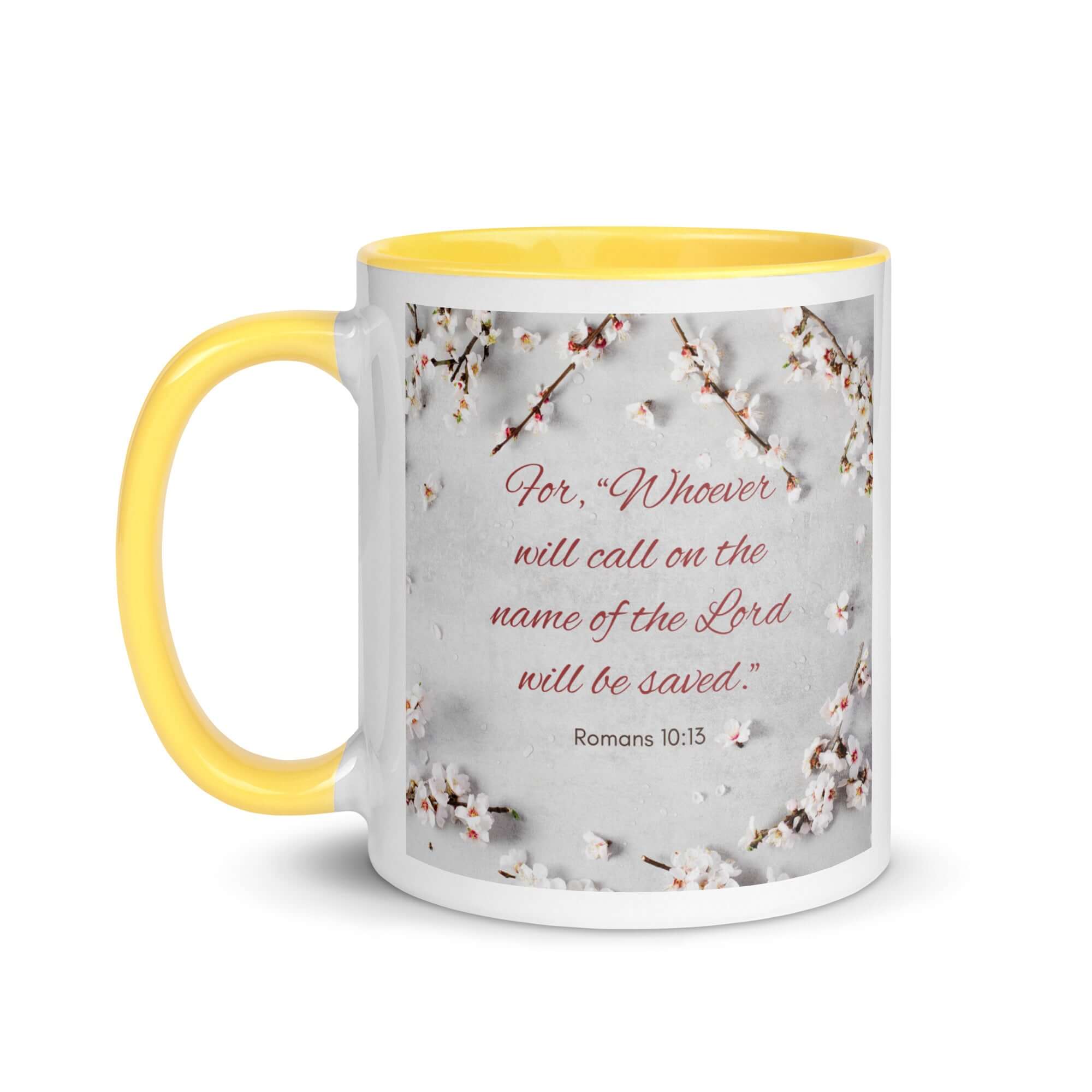 Romans 10:13 Bible Verse, the Lord White Ceramic Mug with Color Inside