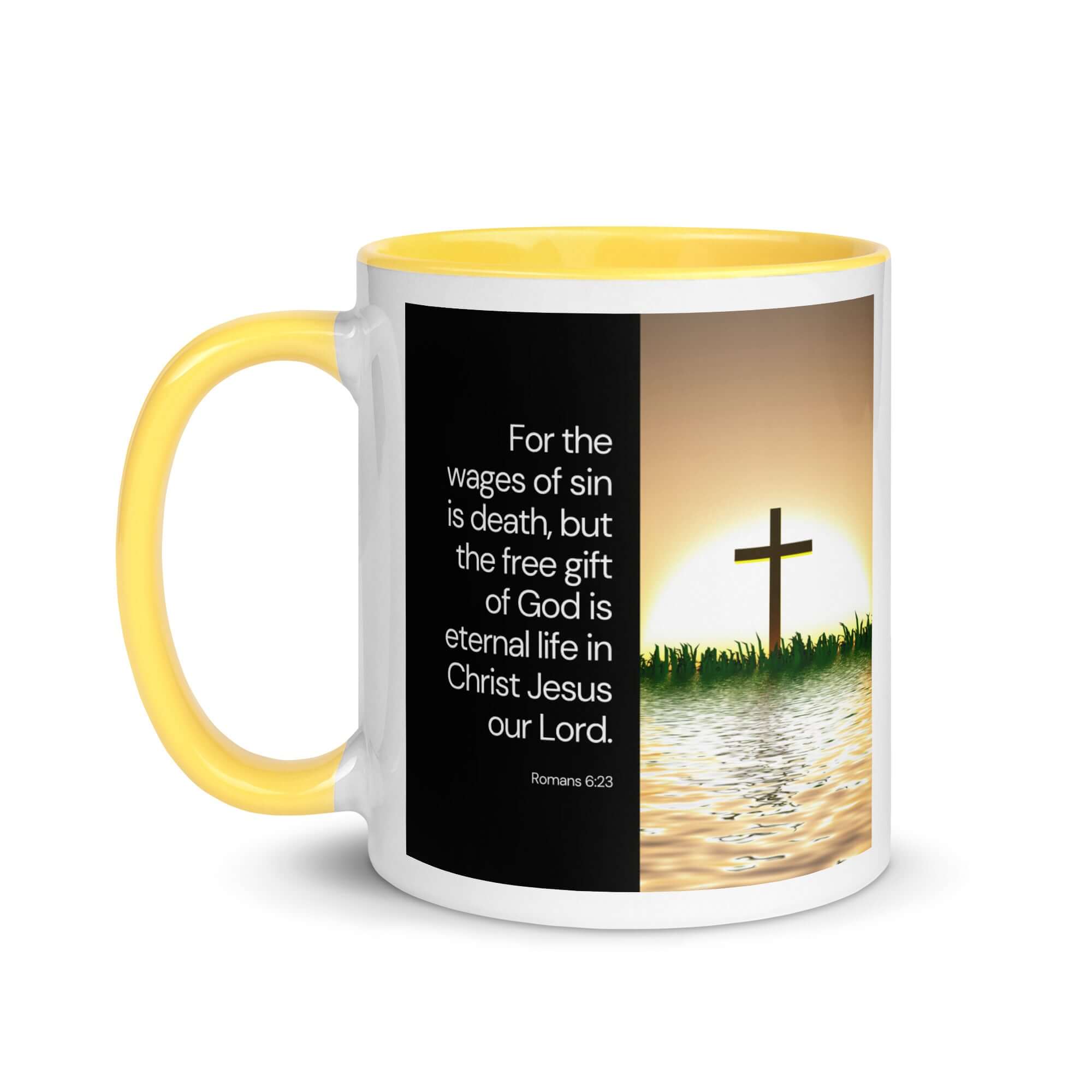 Romans 6:23 Bible Verse, the wages White Ceramic Mug with Color Inside