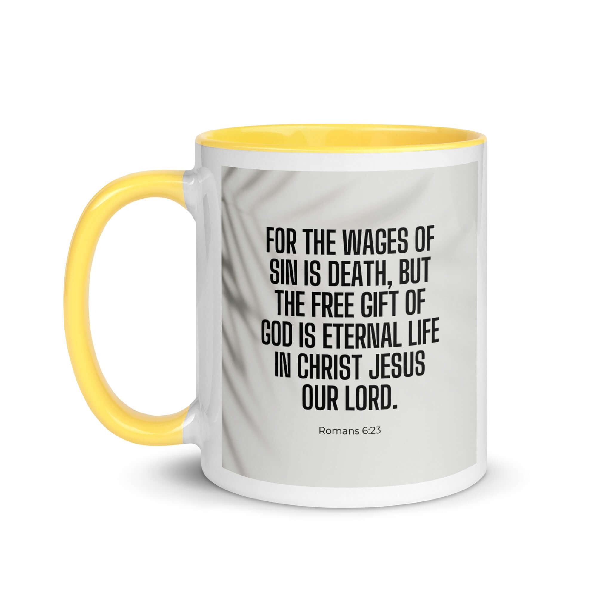 Romans 6:23 Bible Verse, eternal life White Ceramic Mug with Color Inside