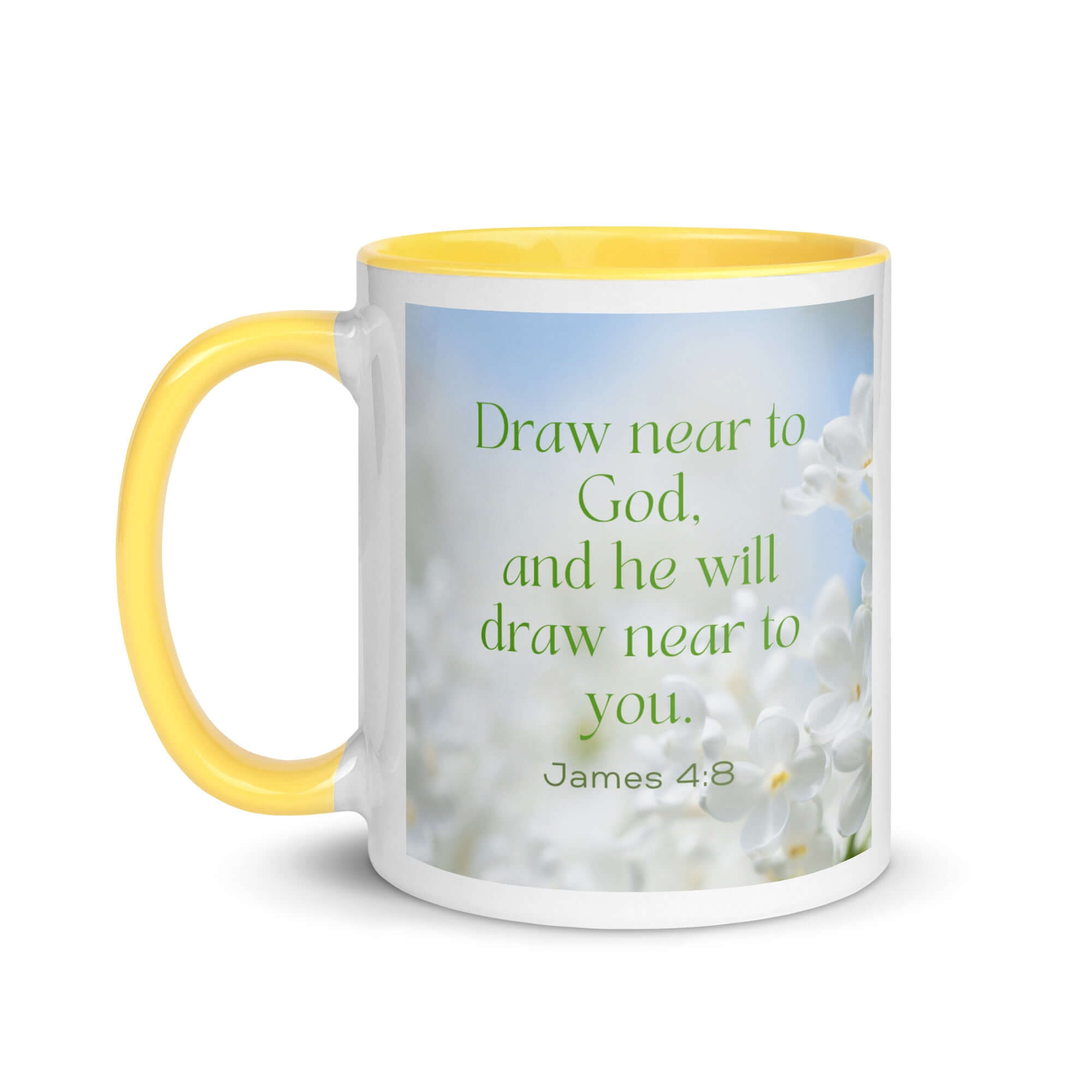 James 4:8 Bible Verse, Draw near White Ceramic Mug with Color Inside