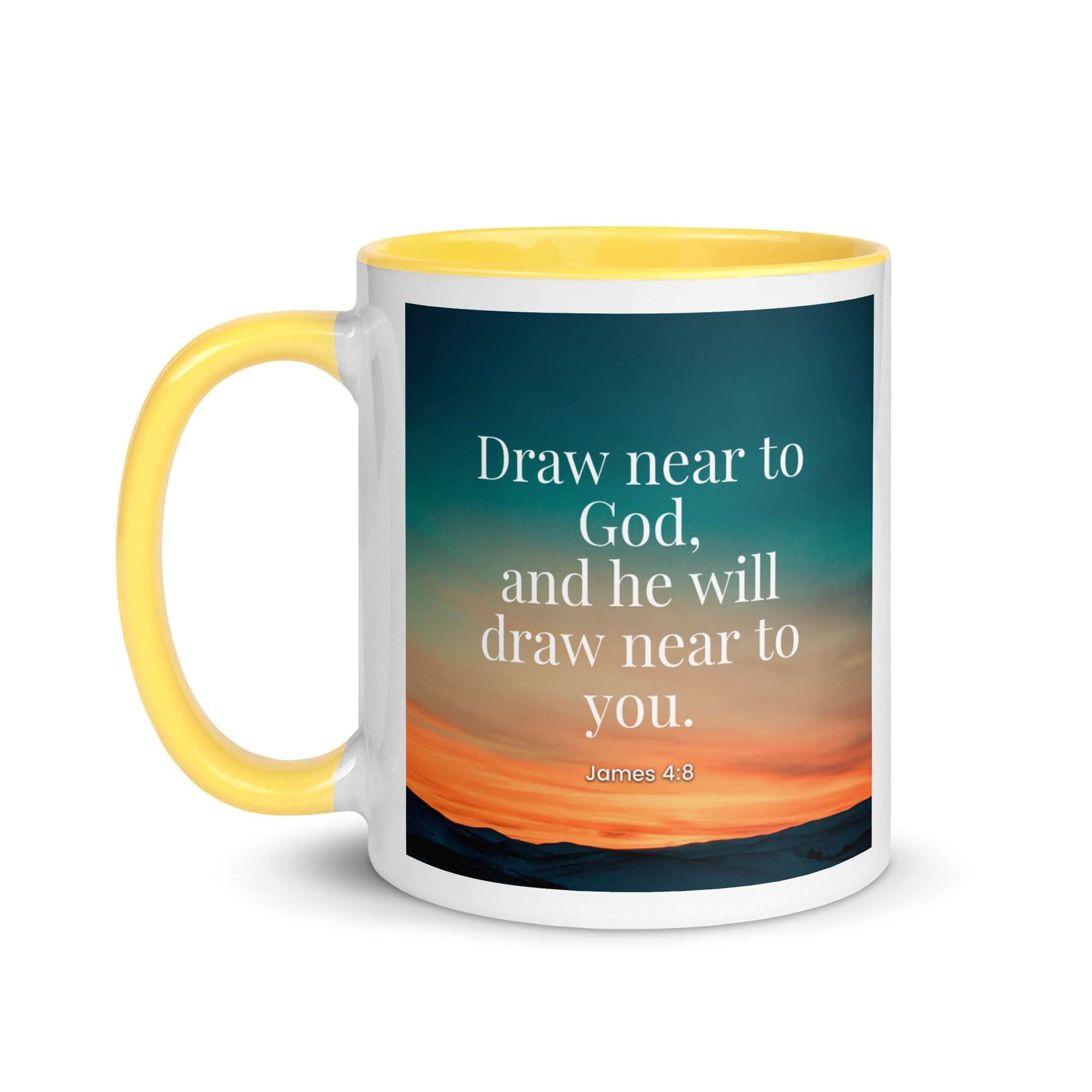 James 4:8 Bible Verse, near to God White Ceramic Mug with Color Inside