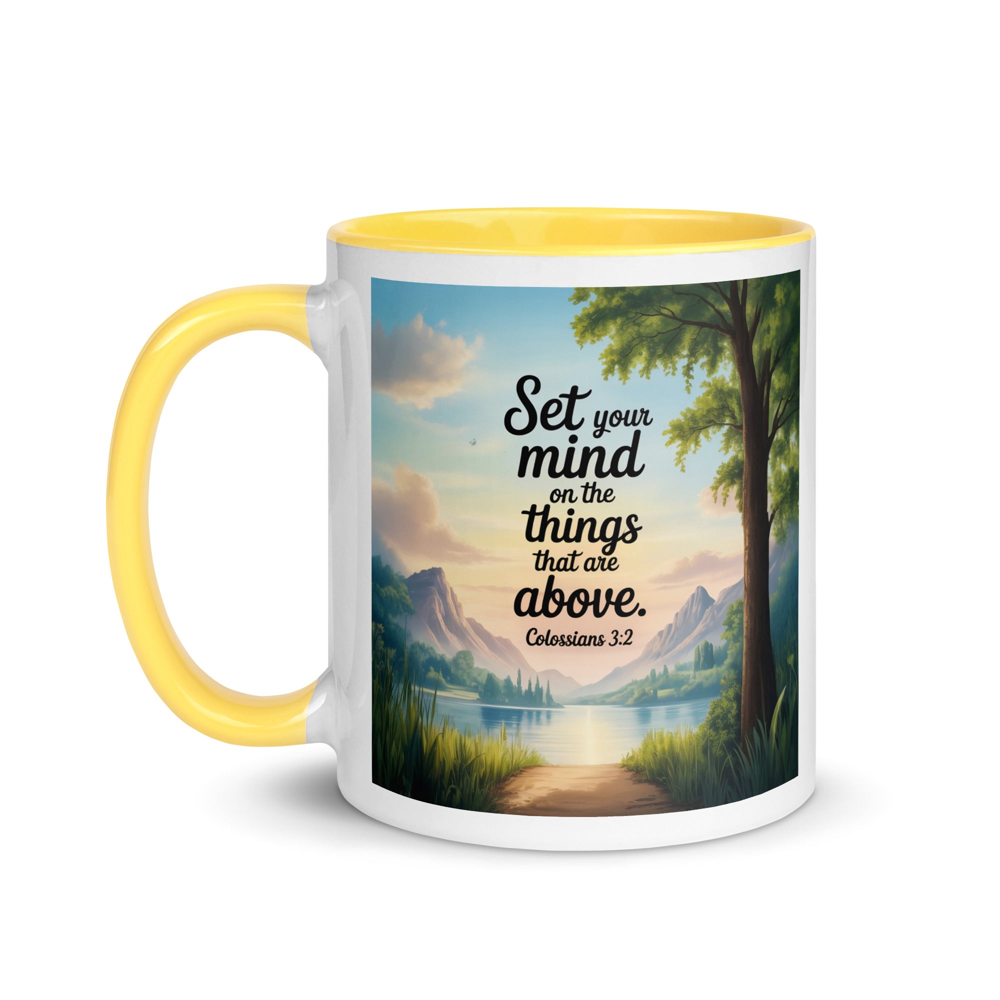 Colossians 3:2 Bible Verse Set White Ceramic Mug with Color Inside