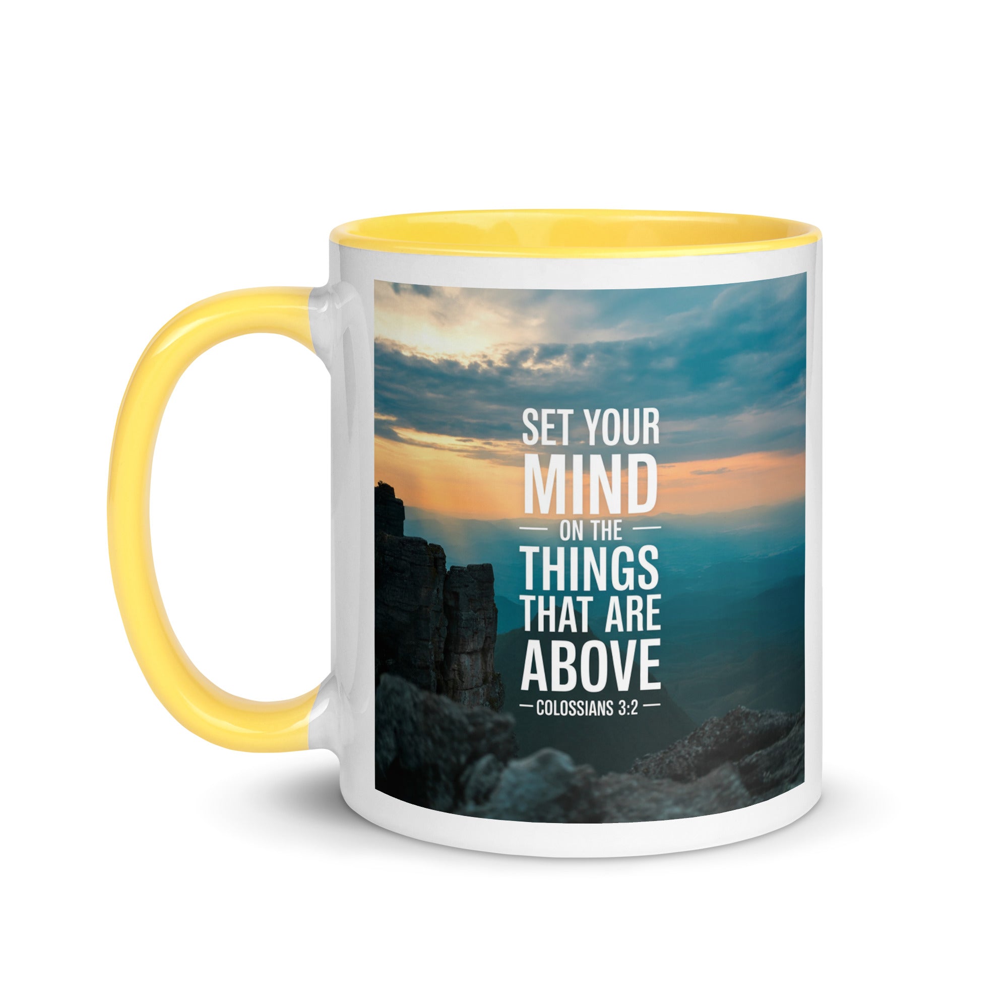 Colossians 3:2 Bible Verse on the White Ceramic Mug with Color Inside