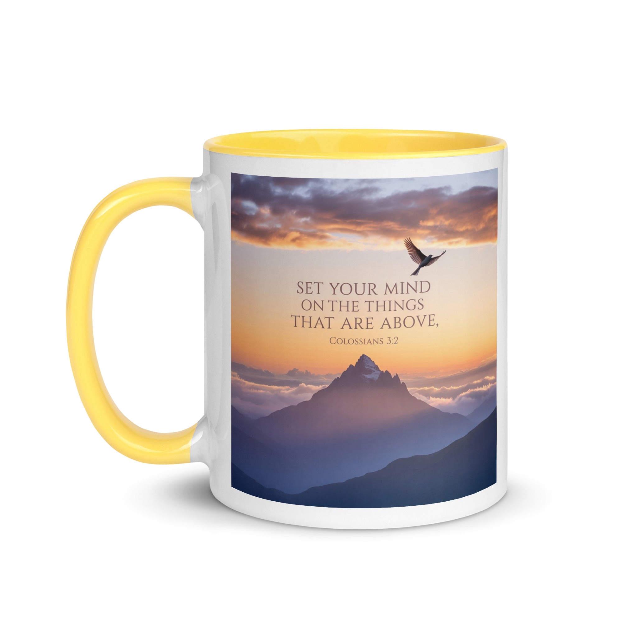Colossians 3:2 Bible Verse are above White Ceramic Mug with Color Inside