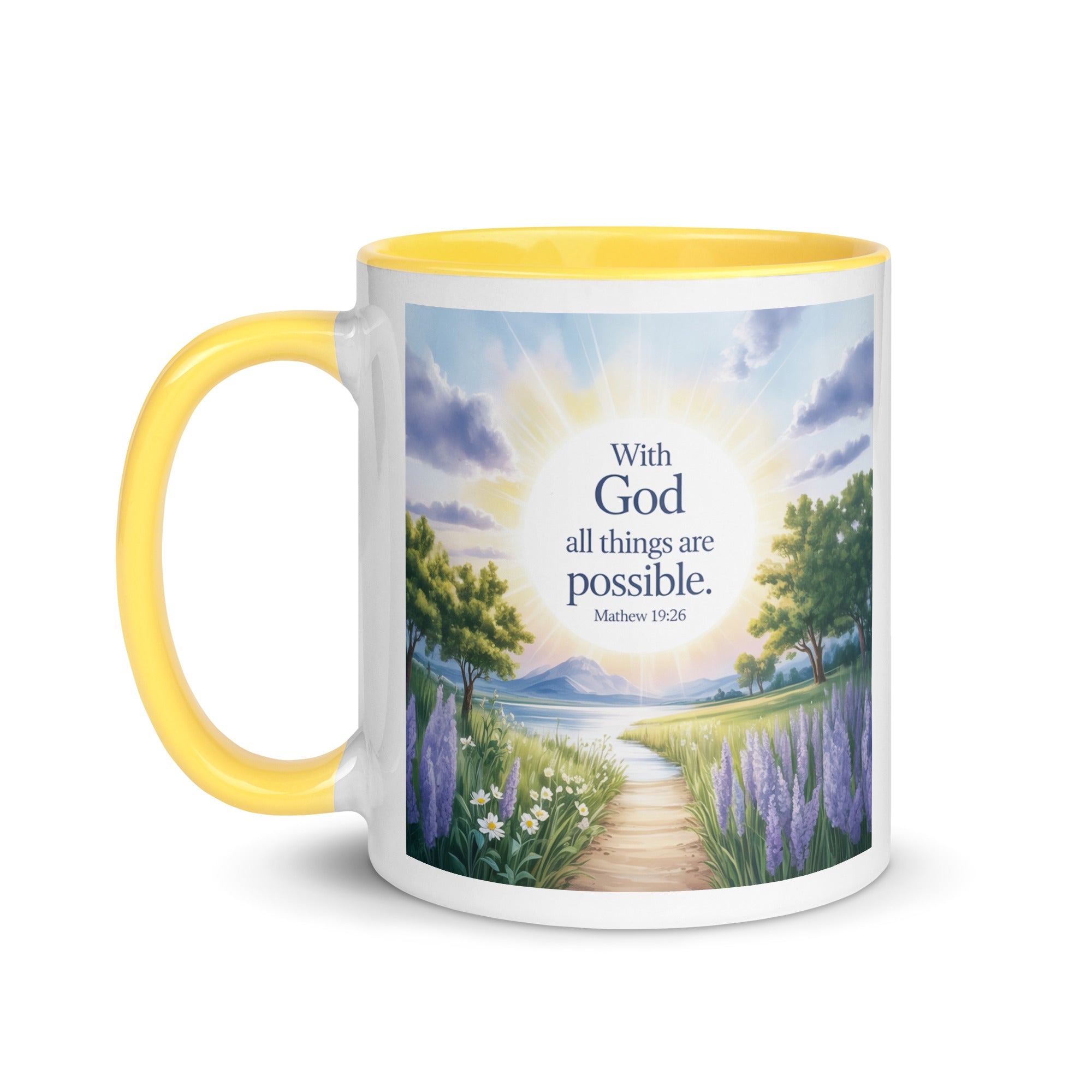 Matthew 19:26 Bible Verse Looking at White Ceramic Mug with Color Inside