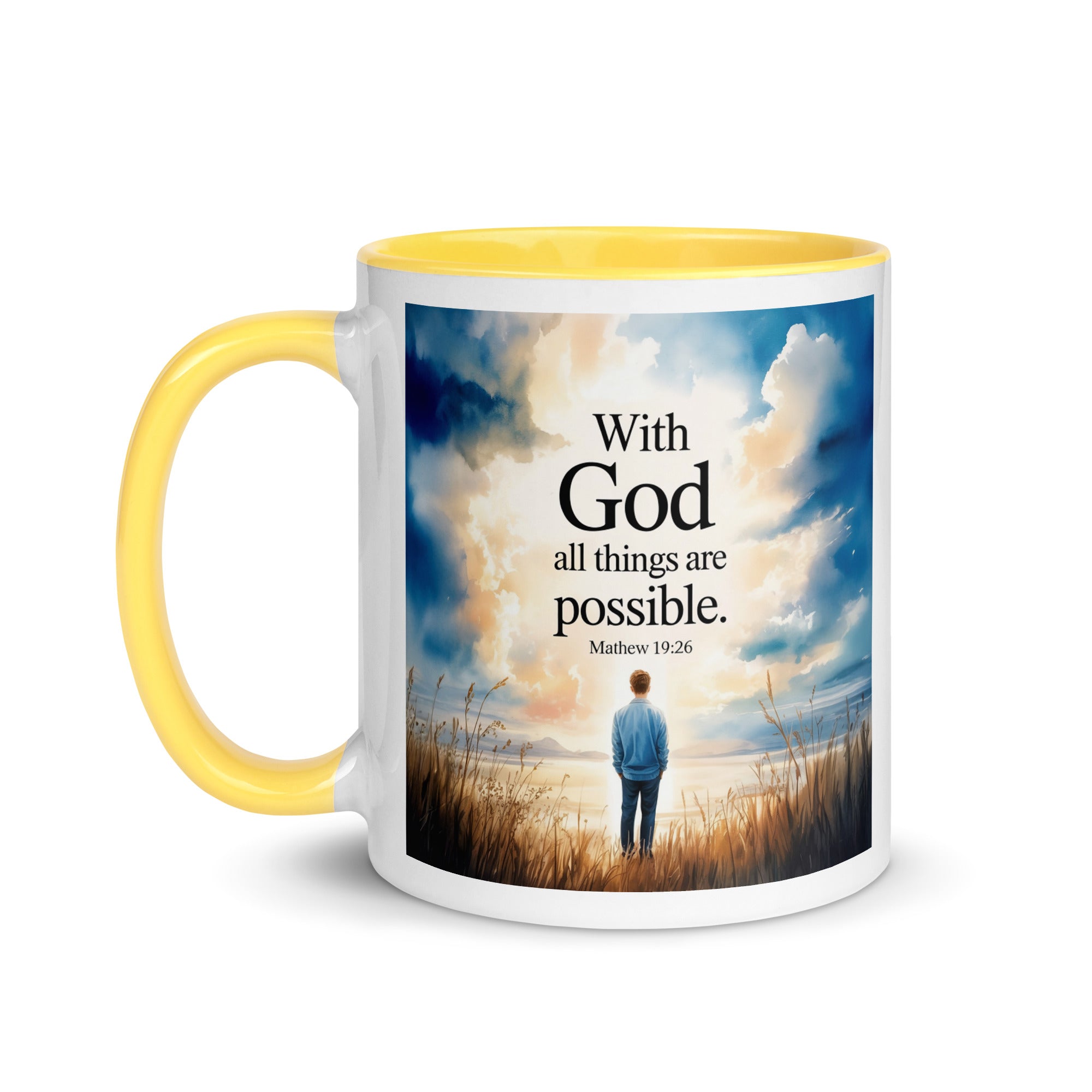 Matthew 19:26 Bible Verse Jesus White Ceramic Mug with Color Inside