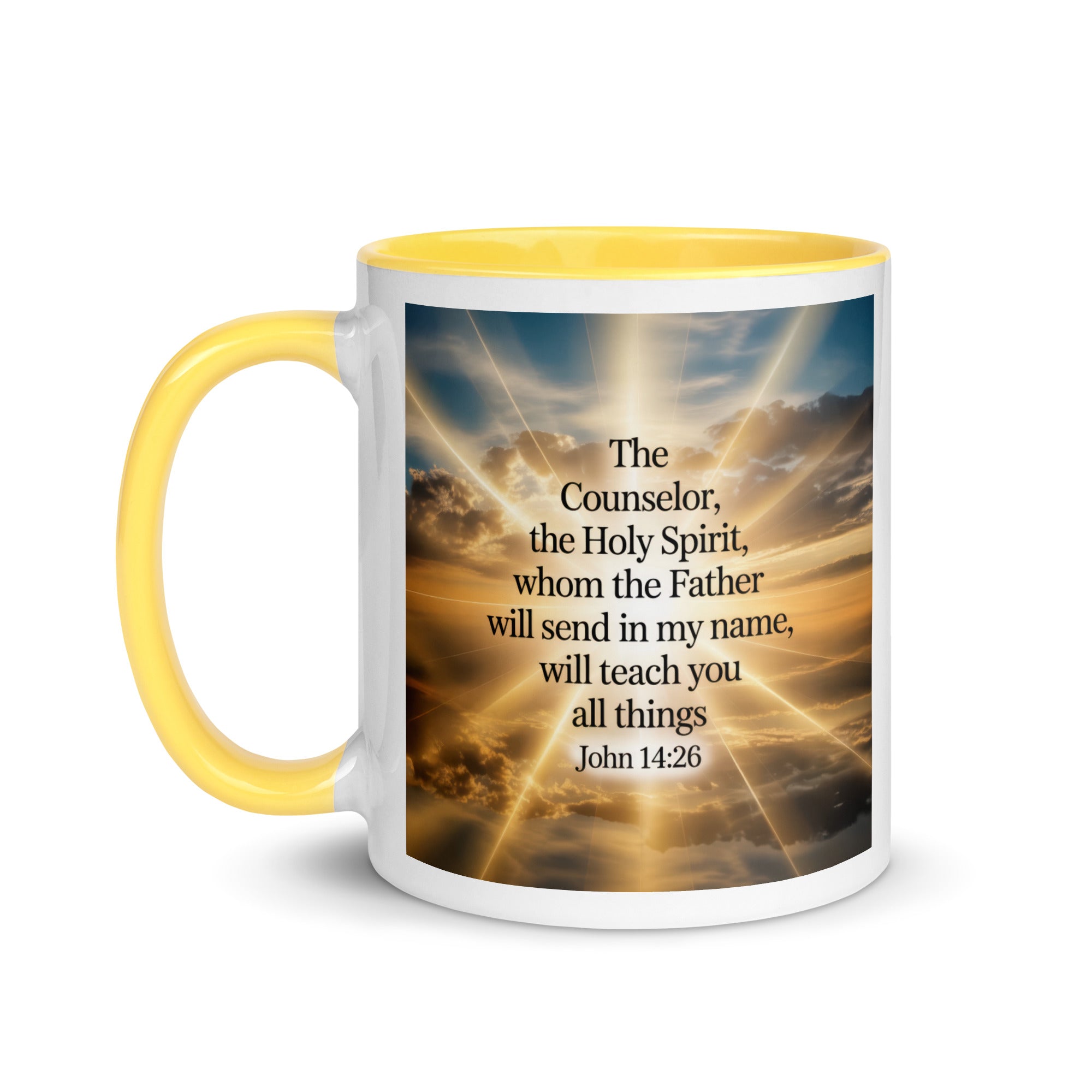 John 14:26 Bible Verse will send White Ceramic Mug with Color Inside