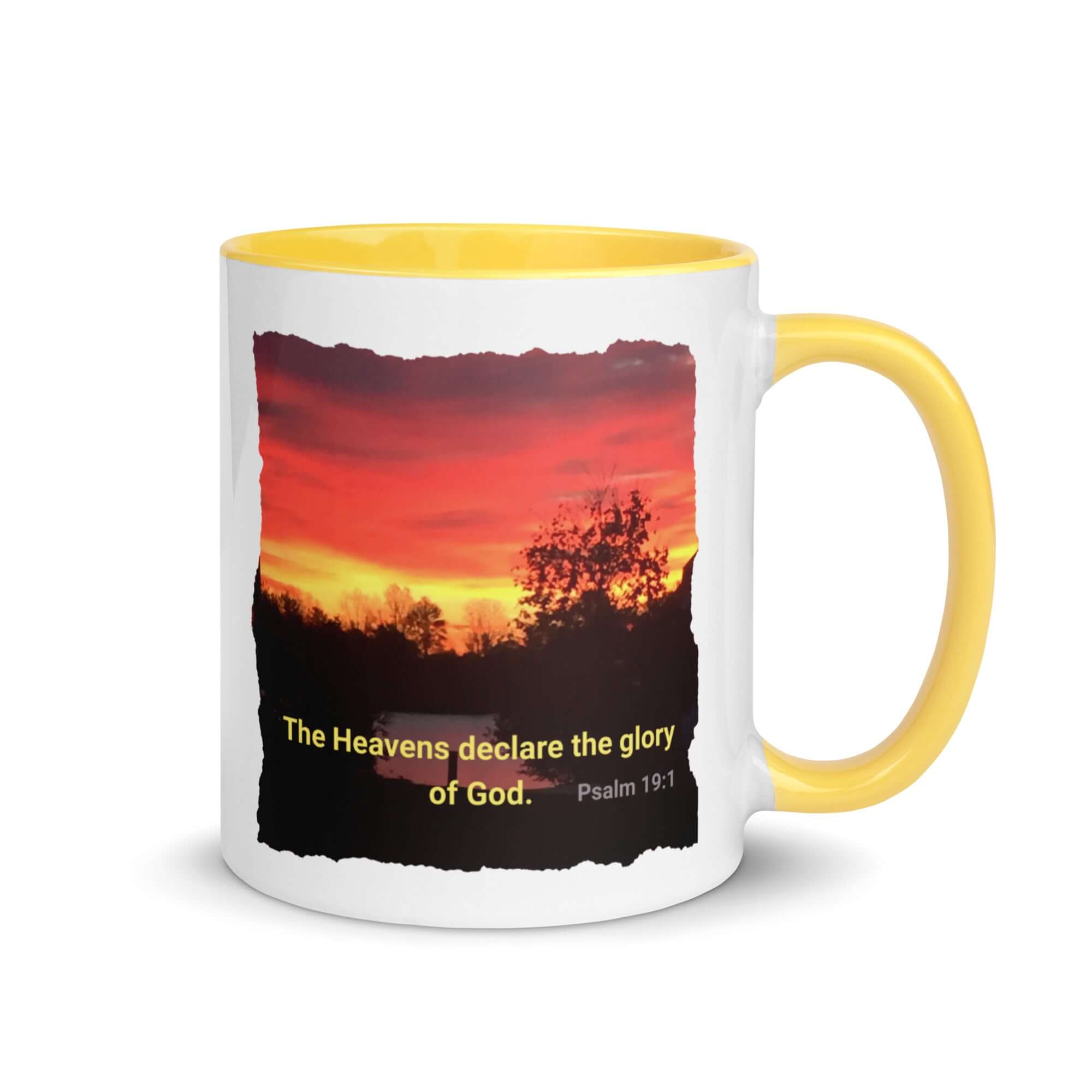 Psalm 19:1 Bible Verse, Sunset Glory White Ceramic Mug with Color Inside Yellow 11 oz